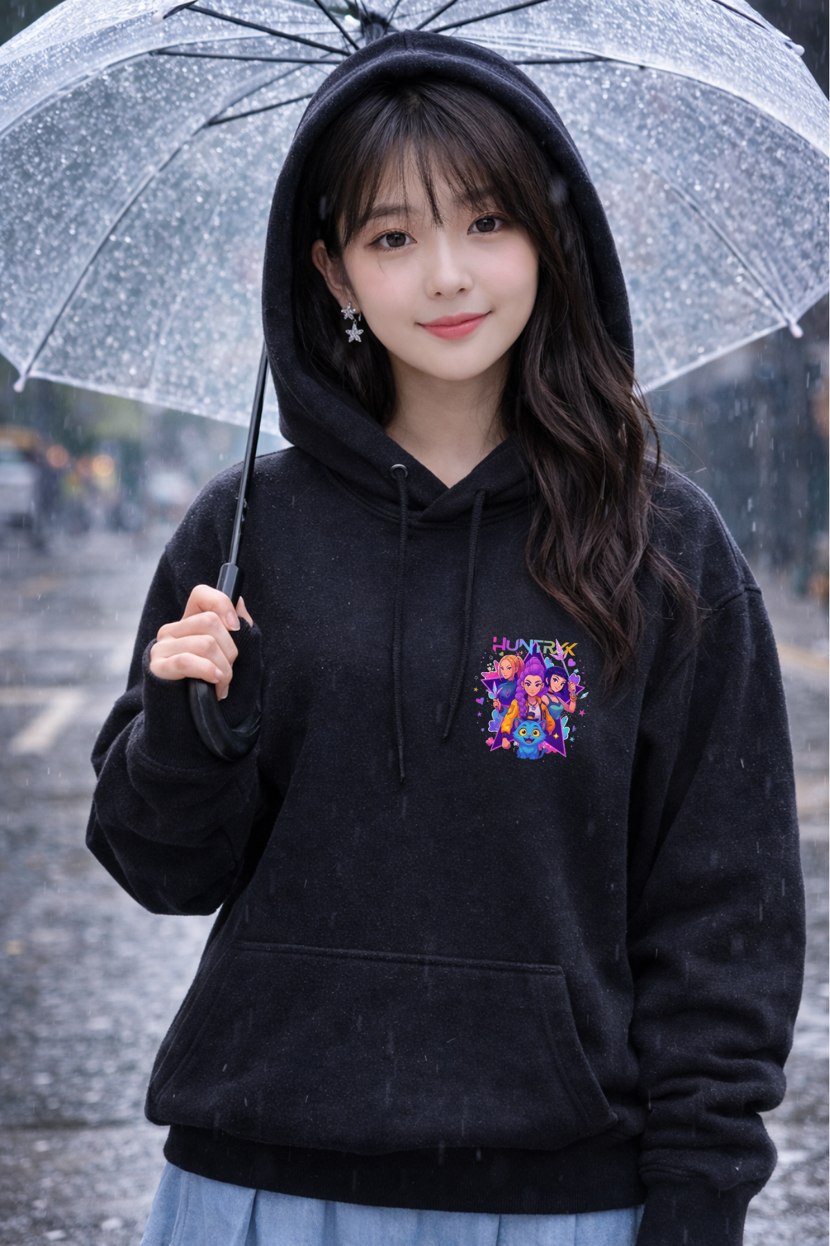Huntirx Yeni Yıldız Baskılı Siyah 3 İplik Şardonsuz Sweatshirt