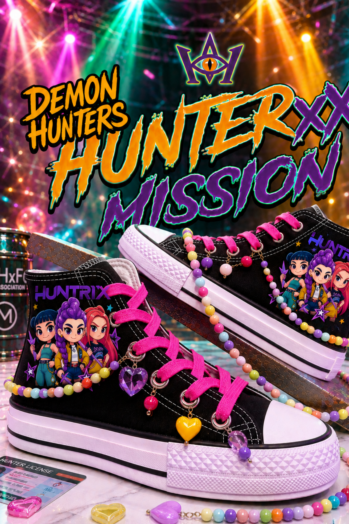 Huntrix 3KIZ Baskılı Siyah Boncuk ve Halhallı Bilekli Spor Ayakkabı Sneaker 