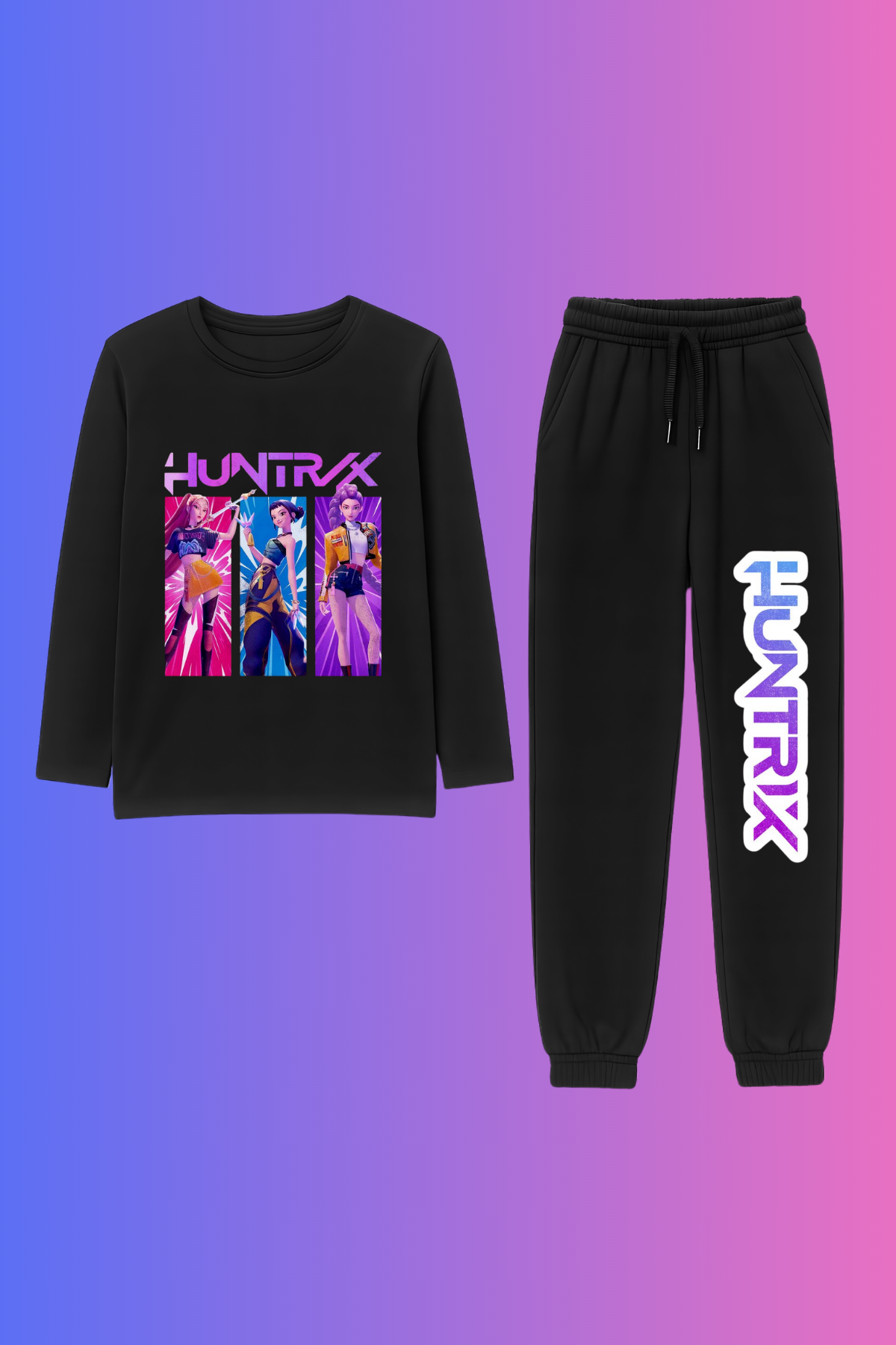 Huntrix 3Lü Baskılı Üst Siyah Body Penye Alt 2 iplik İnce Kumaş Eşofman Takım 