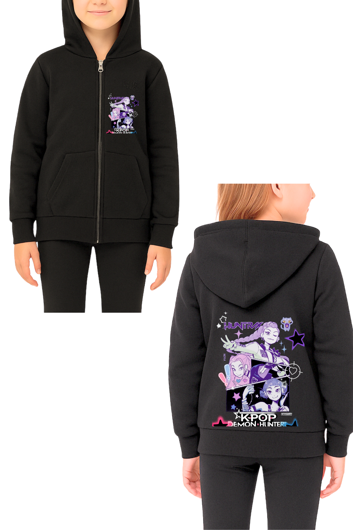 Huntrix Büyük Baskılı Siyah Fermuarlı Hırka Sweatshirt 