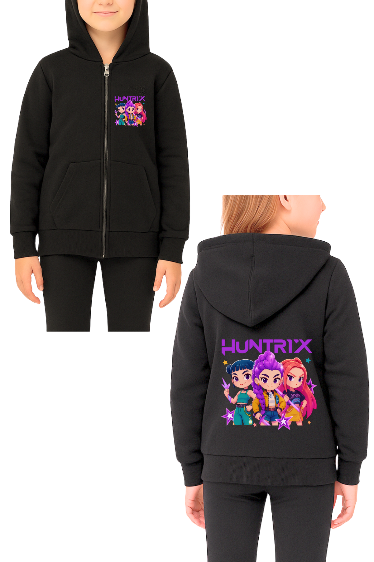 Huntrix Çizim Baskılı Siyah Fermuarlı Hırka Sweatshirt 