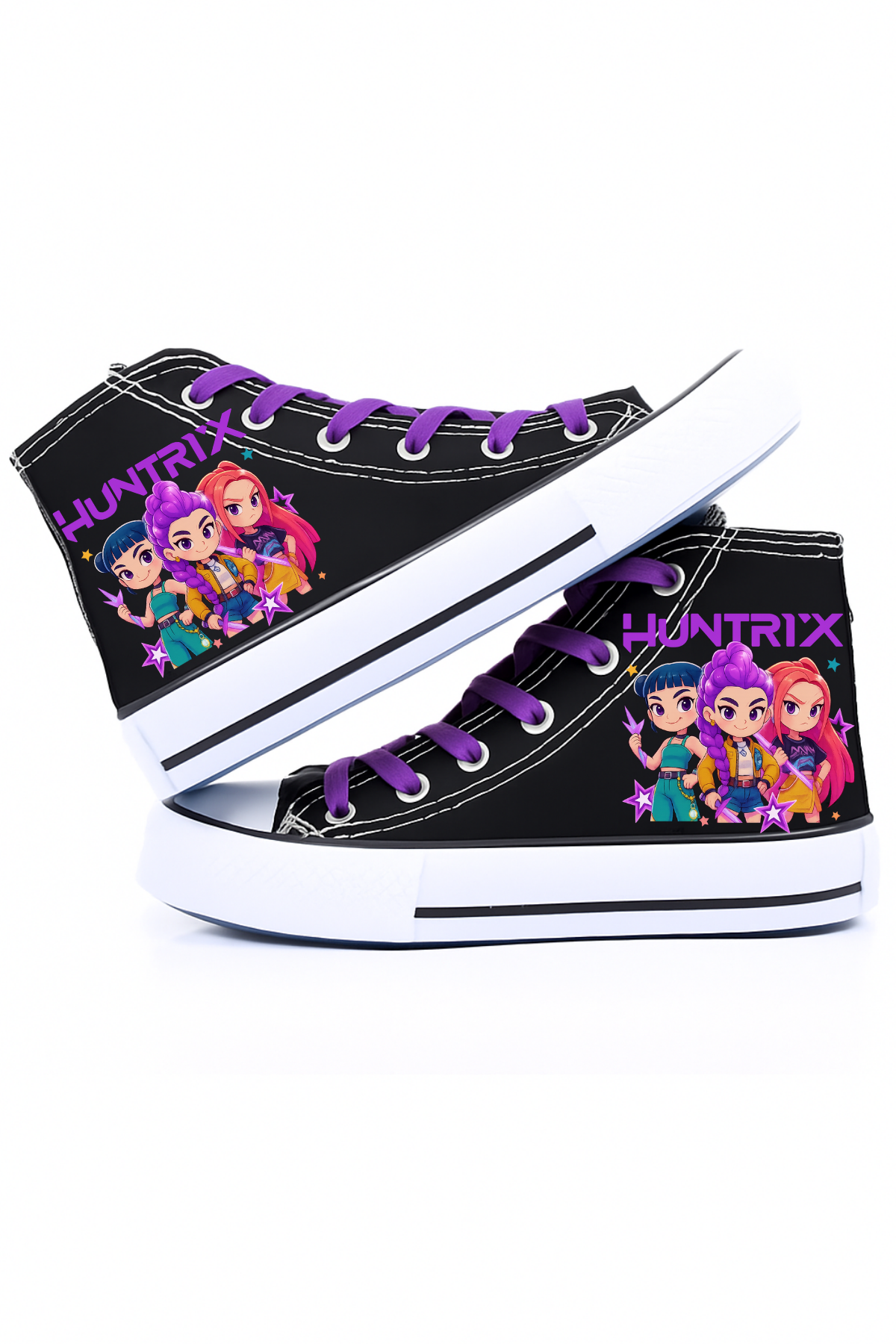 Huntrix Çizim Baskılı Siyah Unisex Kadın/Erkek Bilekli Keten Ayakkabı Sneaker