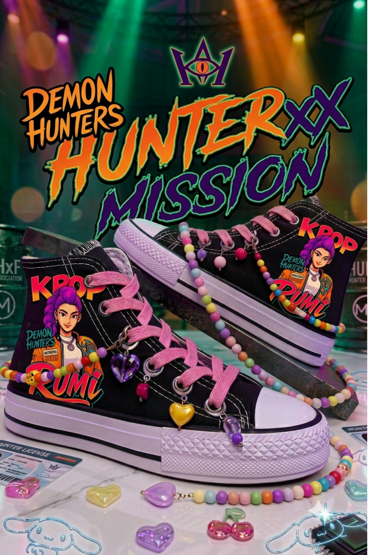 Huntrix Rumi Baskılı Siyah Boncuk ve Halhallı Bilekli Spor Ayakkabı Sneaker 