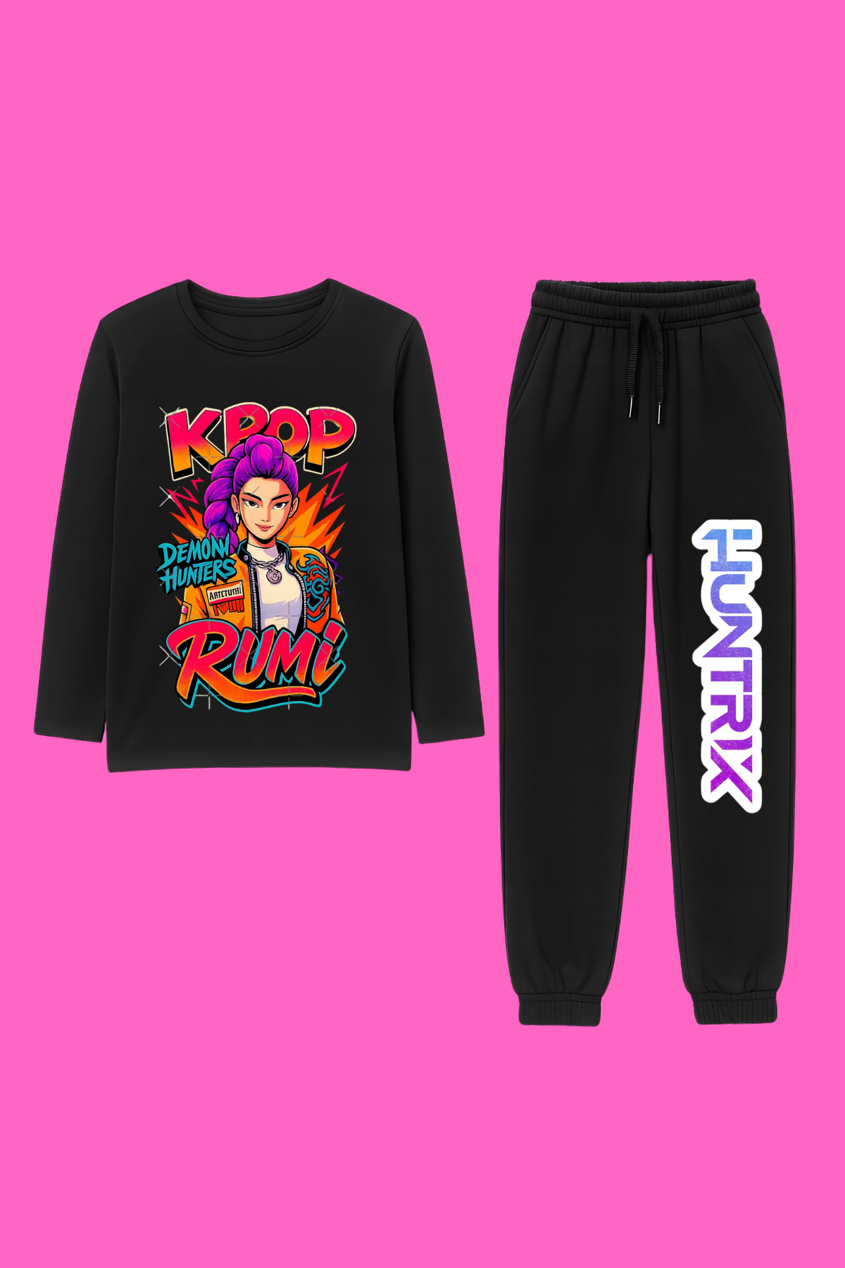 Huntrix Rumi Baskılı Üst Siyah Body Penye Alt 2 iplik İnce Kumaş Eşofman Takım 