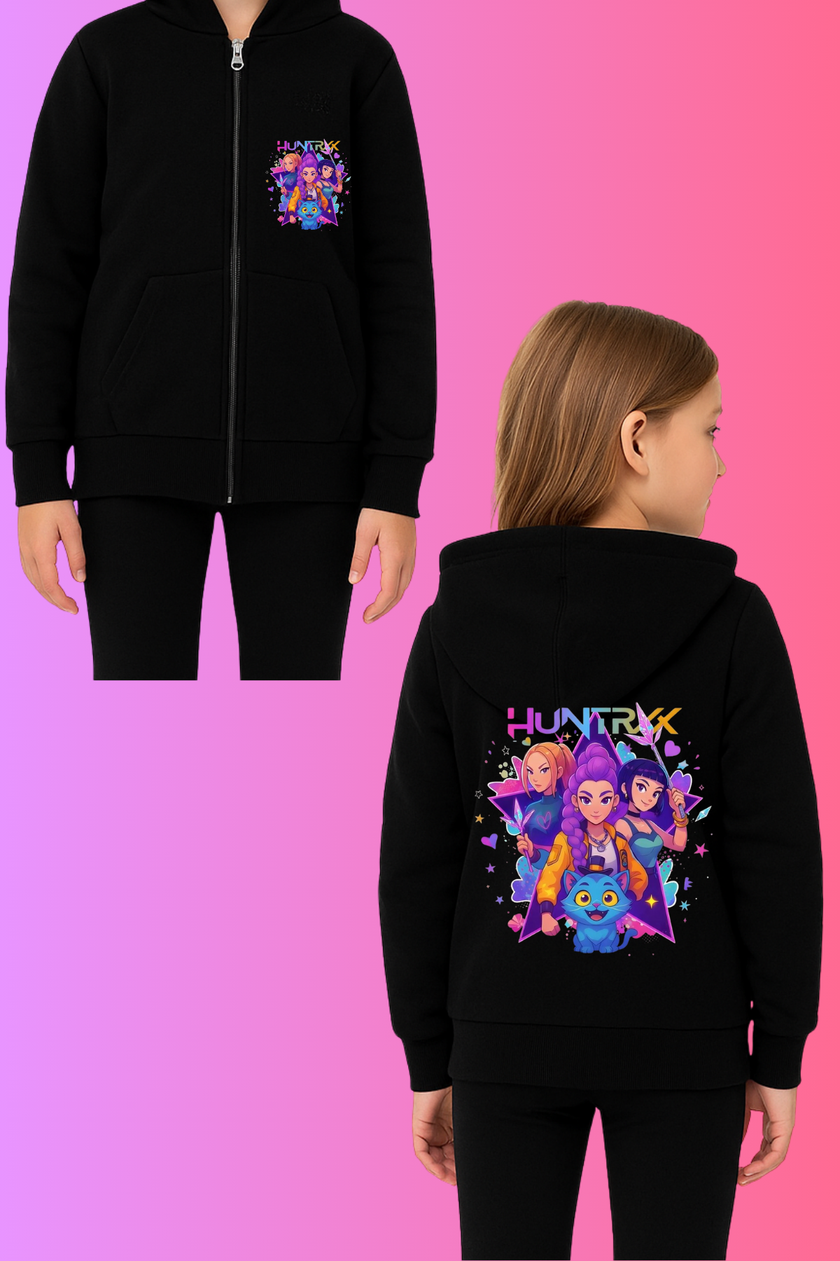 Huntrix Yeni Yıldız Baskılı Siyah Fermuarlı Hırka Sweatshirt 