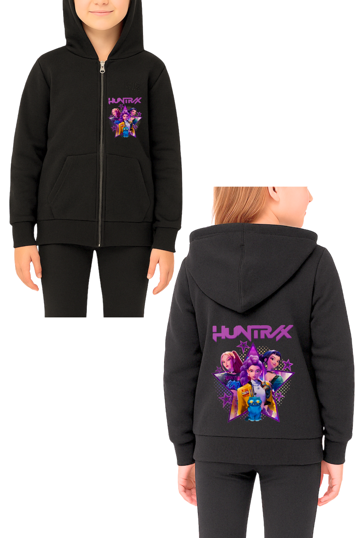 Huntrix Yıldız Baskılı Siyah Fermuarlı Hırka Sweatshirt 