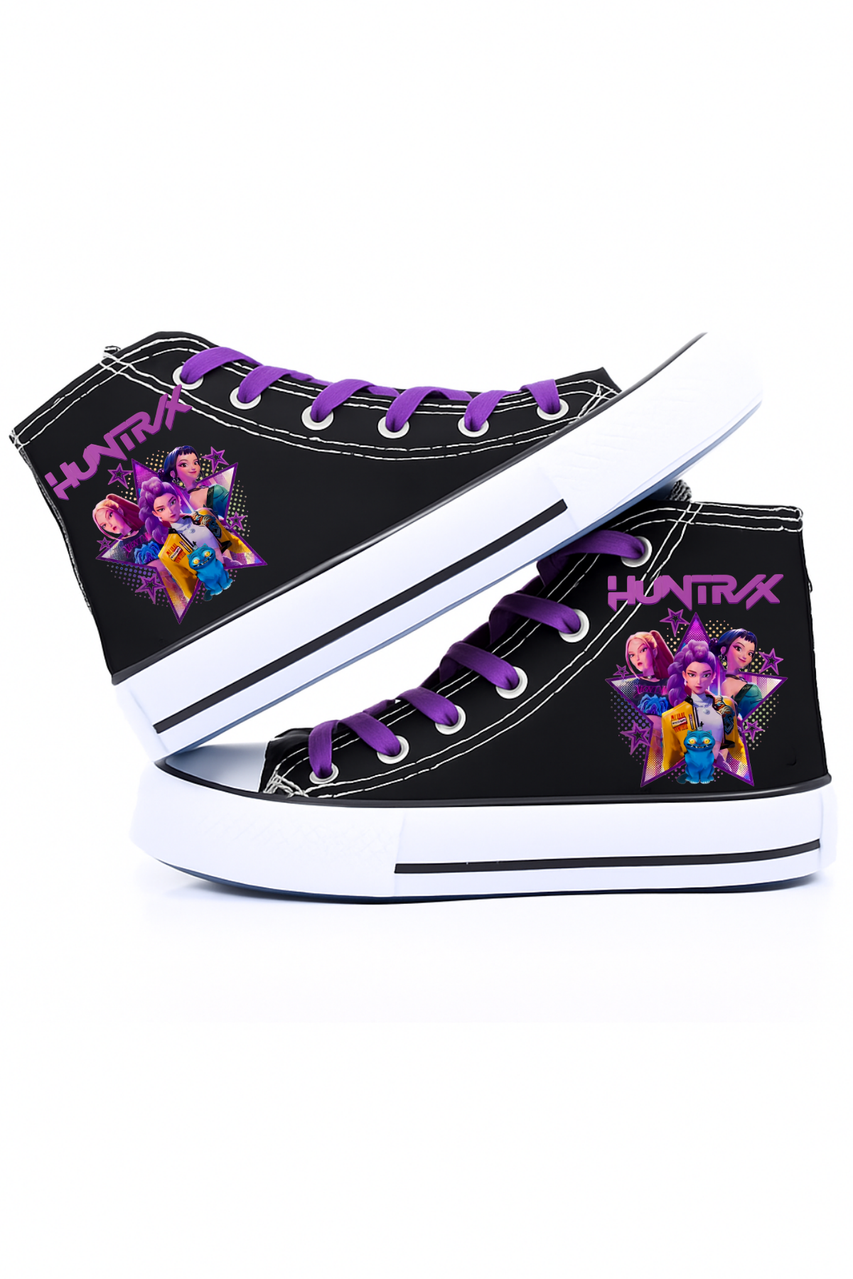 Huntrix Yıldız Baskılı Siyah Unisex Kadın/Erkek Bilekli Keten Ayakkabı Sneaker