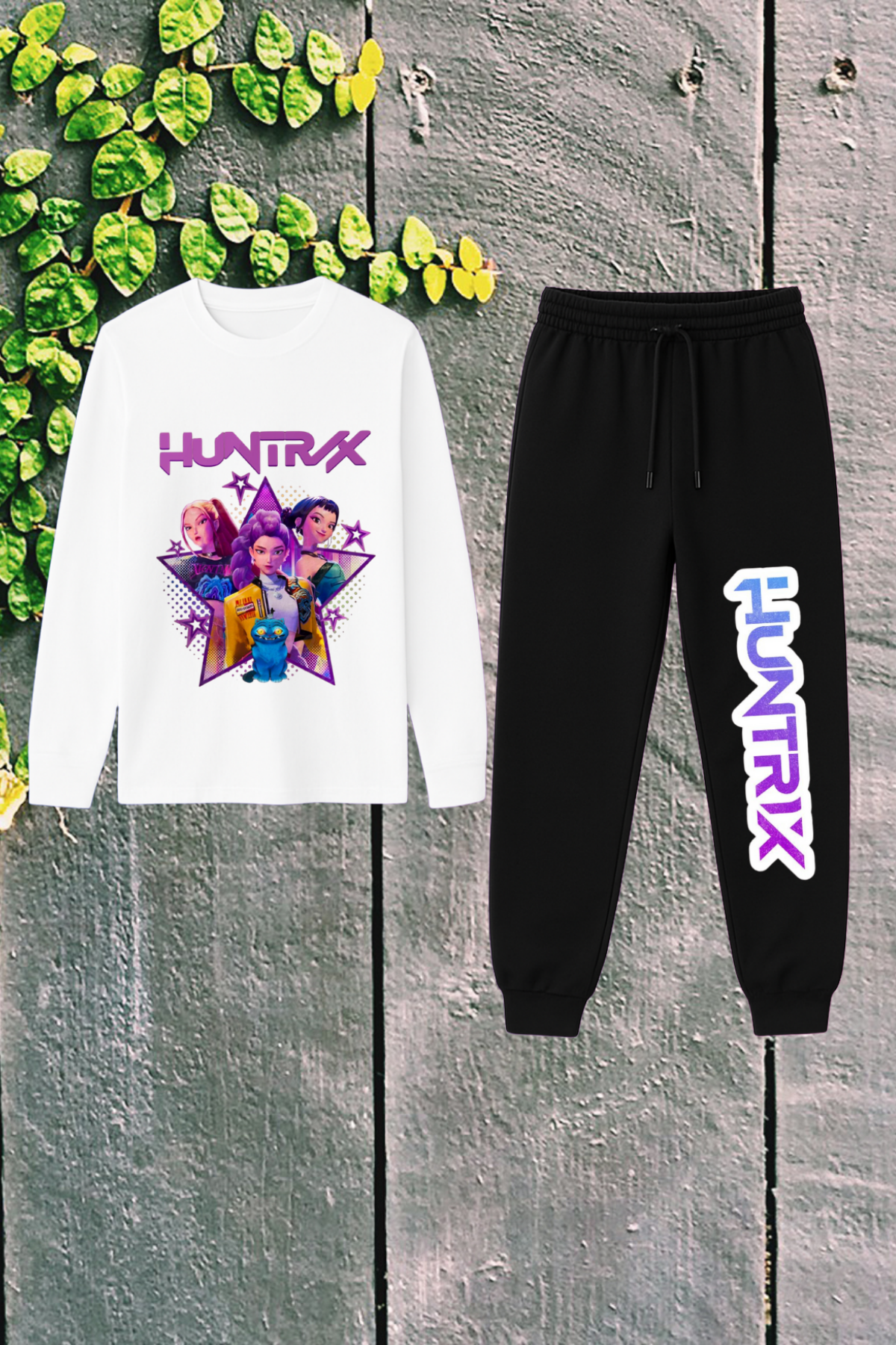 Huntrix Yıldız Baskılı Üst Siyah Body Penye Alt 2 iplik İnce Kumaş Eşofman Takım 