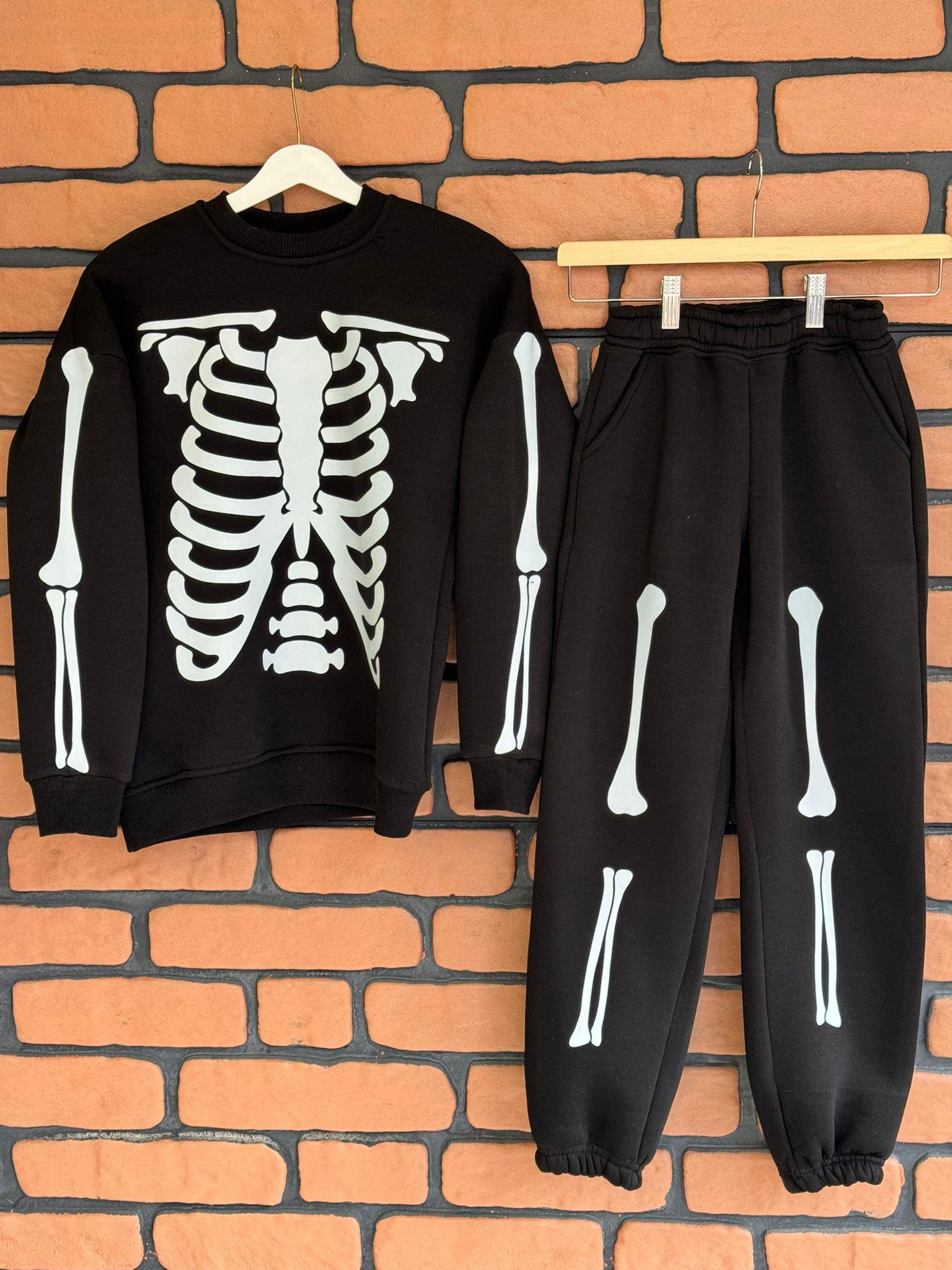 İskelet Baskılı Siyah Kız-Erkek Siyah Eşofman Takımı 