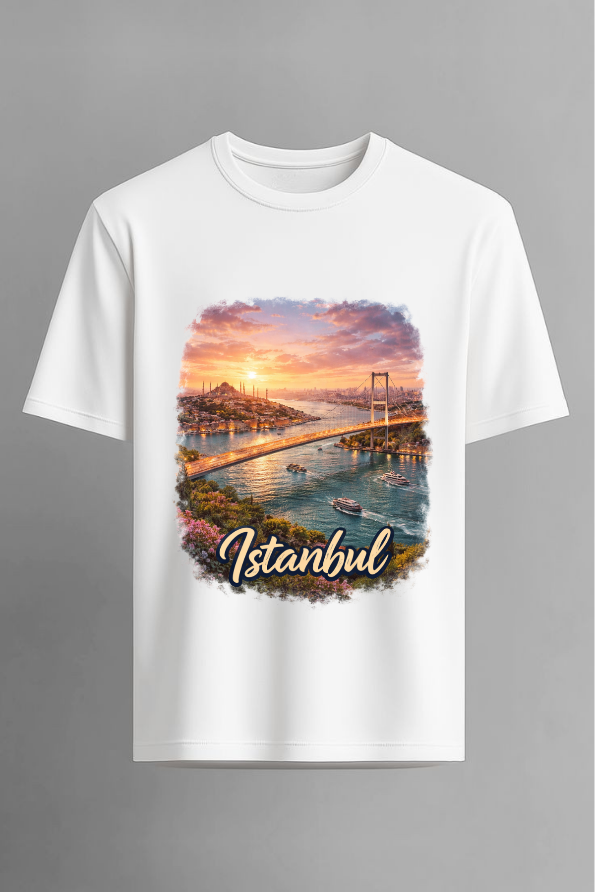 İstanbul Manzara Baskılı Beyaz Unisex 24-1 Süprem Penye Beyaz Tişört Tshirt