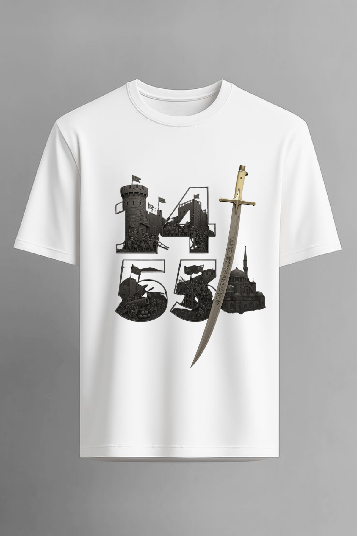 İstanbulun Fethi 1453 Ve Kılıç Baskılı Beyaz Unisex 24-1 Süprem Penye Beyaz Tişört Tshirt