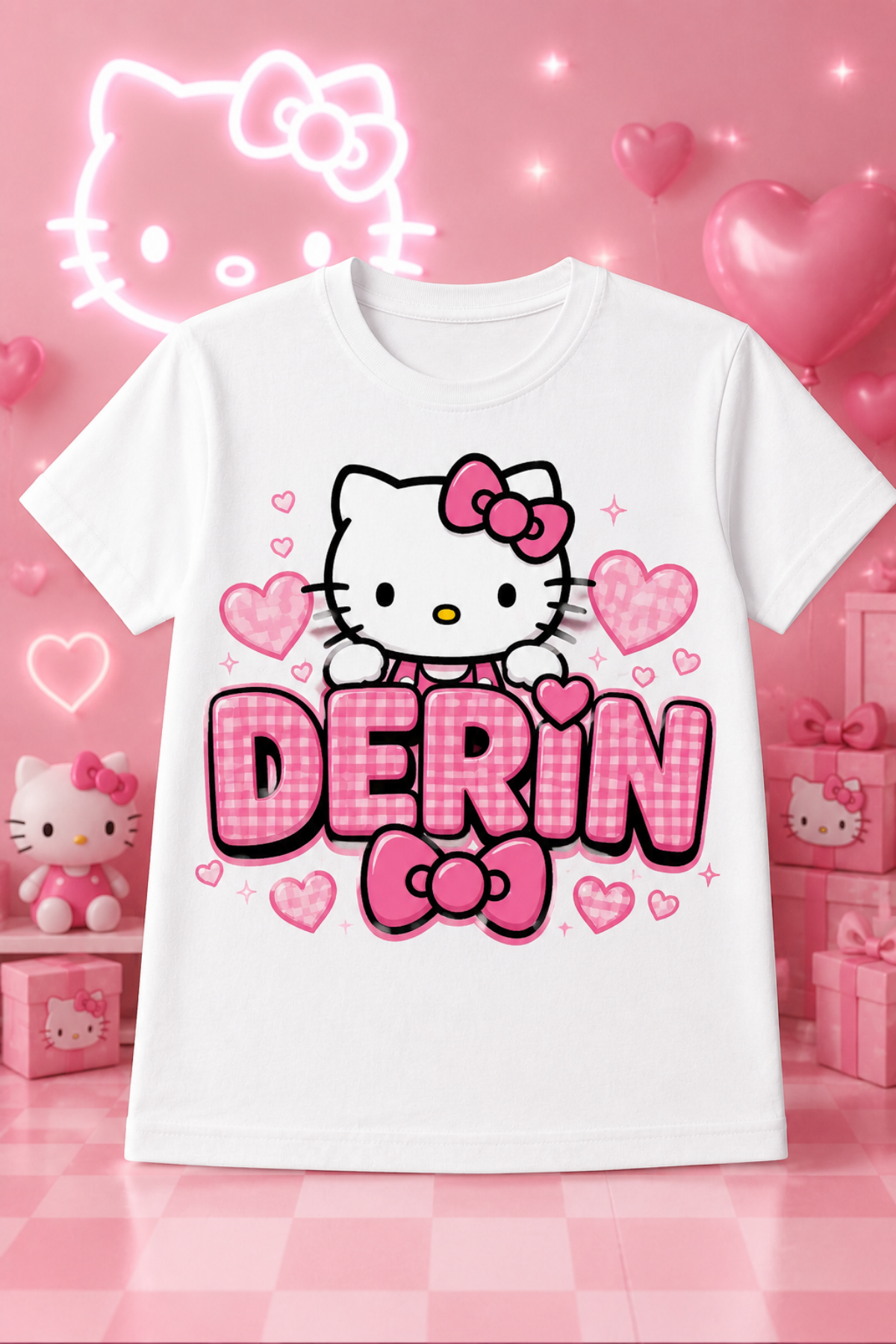 (İSTEDİĞİN İSMİ YAZIYORUZ) HelloKitty Konseptli Özel İsim Yazılı Beyaz  Tişört Anne Kız Kombinine Uygun 