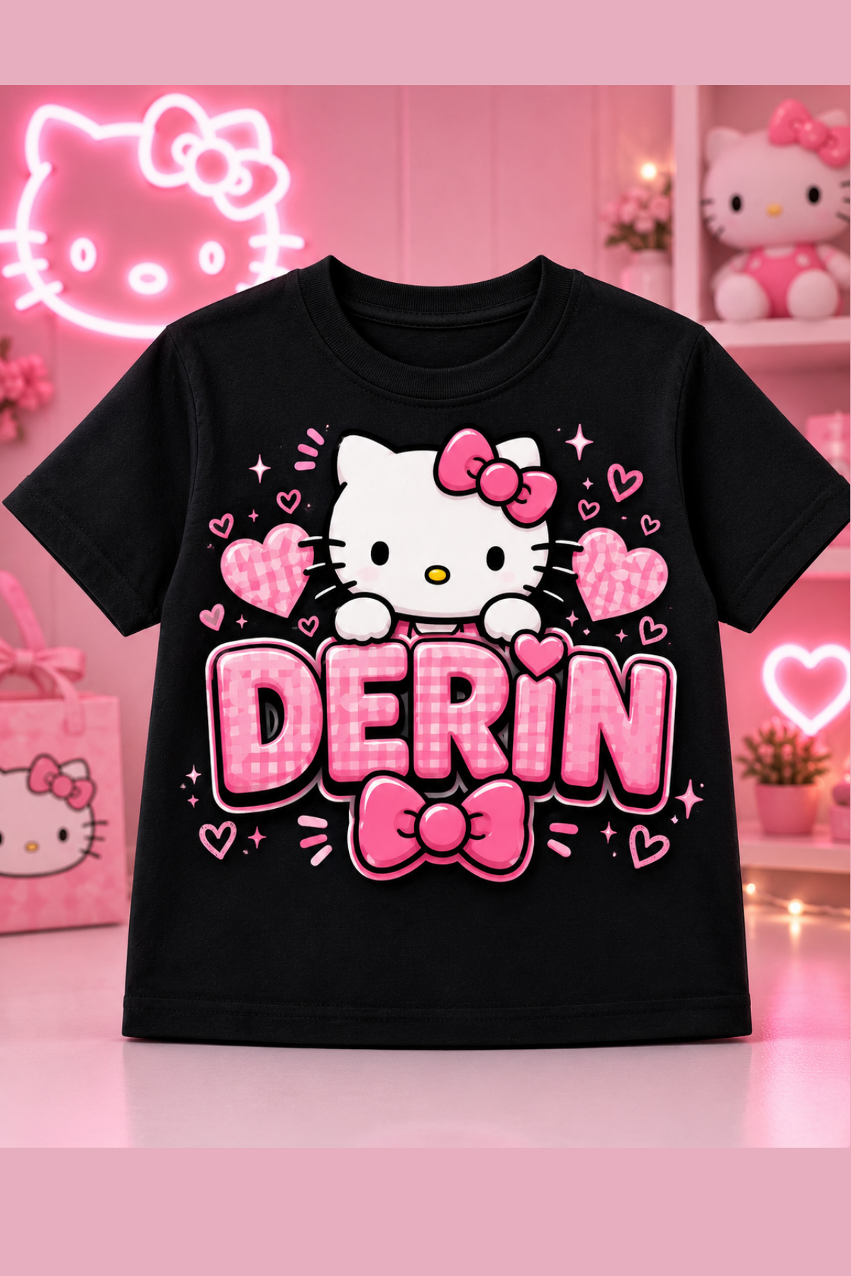 (İSTEDİĞİN İSMİ YAZIYORUZ) HelloKitty Konseptli Özel İsim Yazılı Siyah Tişört Anne Kız Kombinine Uygun 
