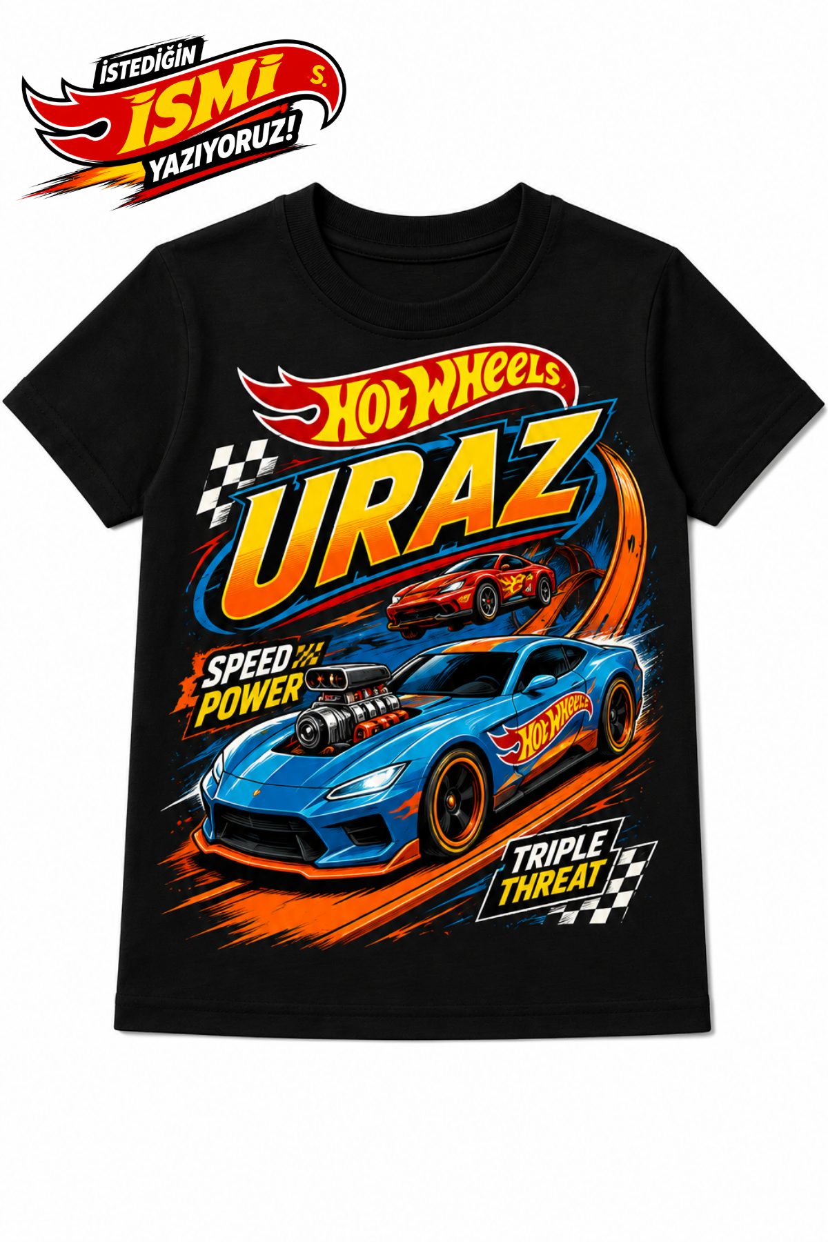 (İSTEDİĞİN İSMİ YAZIYORUZ) Hot Wheels Konseptli Özel İsim Yazılı Siyah Tişört