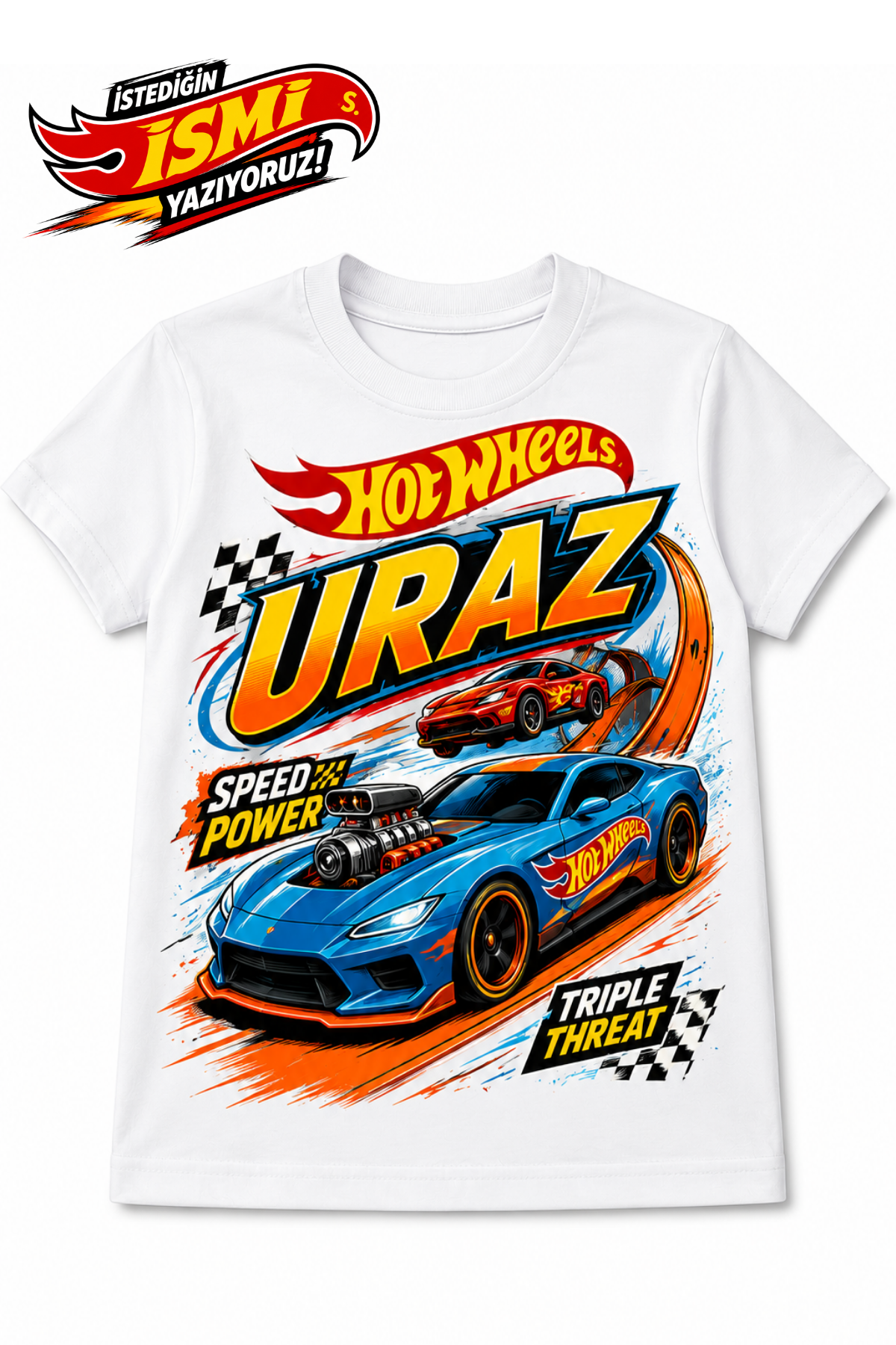 (İSTEDİĞİN İSMİ YAZIYORUZ) Hot Wheels Konseptli Özel İsim Yazılı Beyaz Tişört