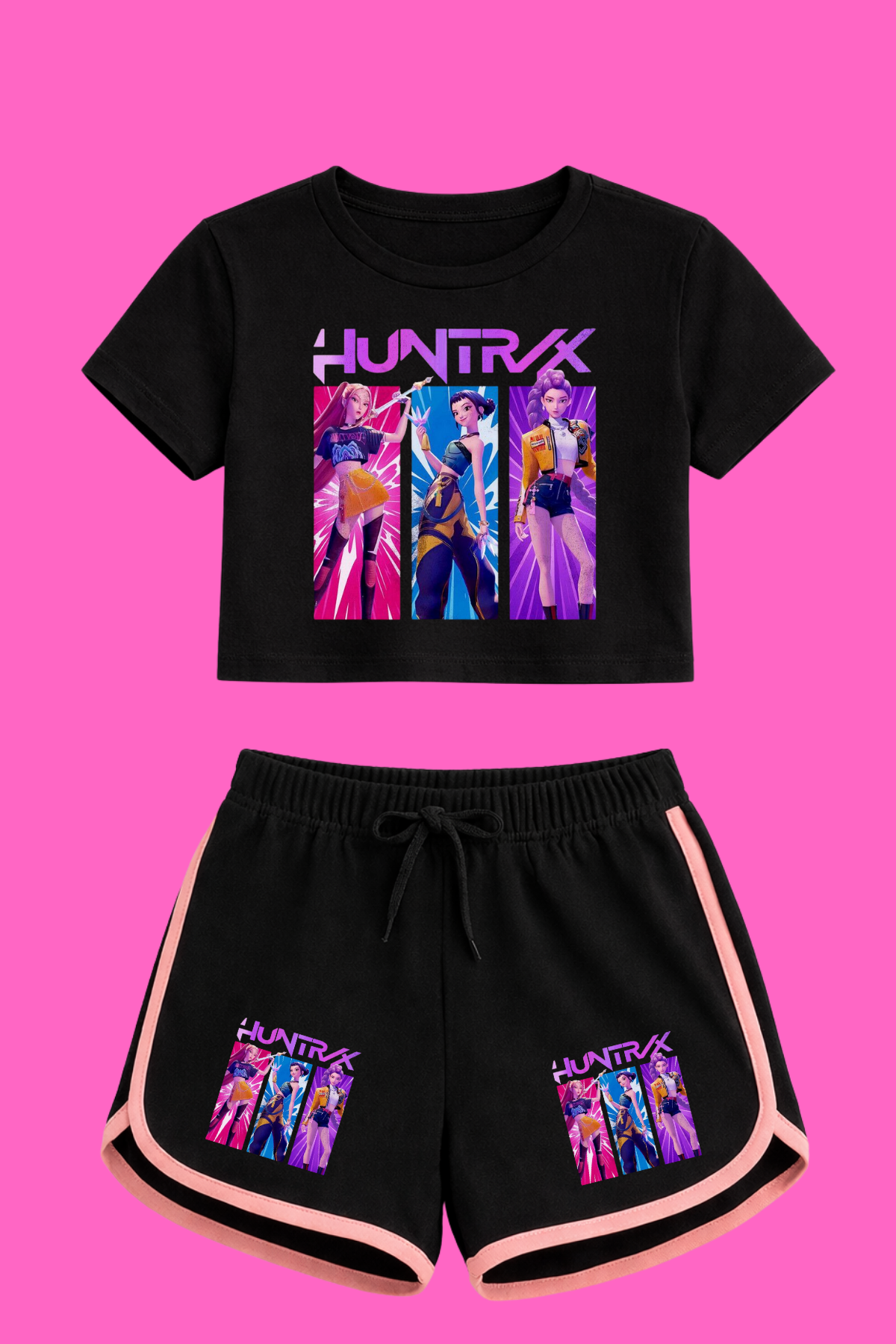 K-Pop Demon Hunter Huntirx 3Lü Baskılı Siyah Crop-Şort Takım 