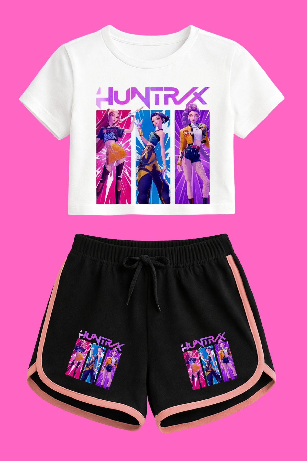 K-Pop Demon Hunter Huntirx 3lü Beyaz Crop-Şort Takım 