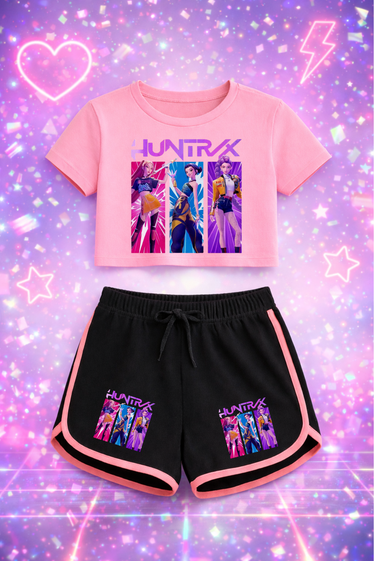 K-Pop Demon Hunter Huntirx 3LÜBaskılı Pembe Crop-Şort Takım 