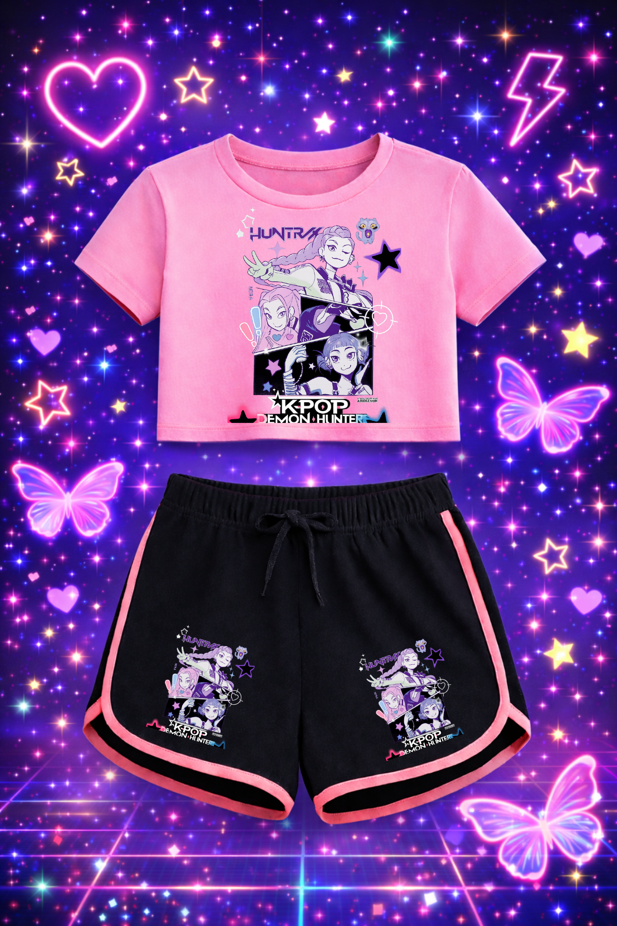 K-Pop Demon Hunter Huntirx Anime Pembe Crop-Şort Takım 