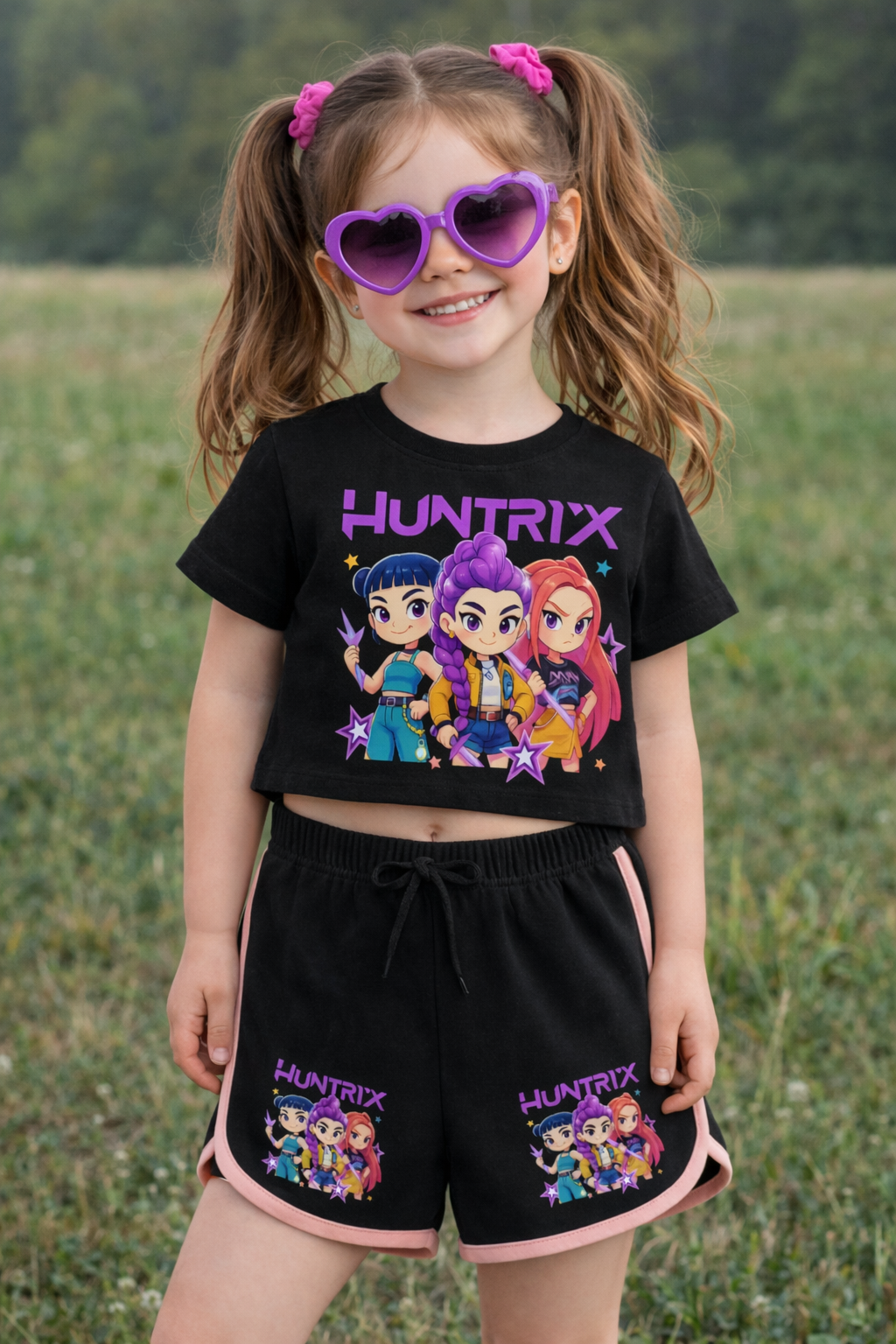 K-Pop Demon Hunter Huntirx Çizim Baskılı Siyah Crop-Şort Takım 