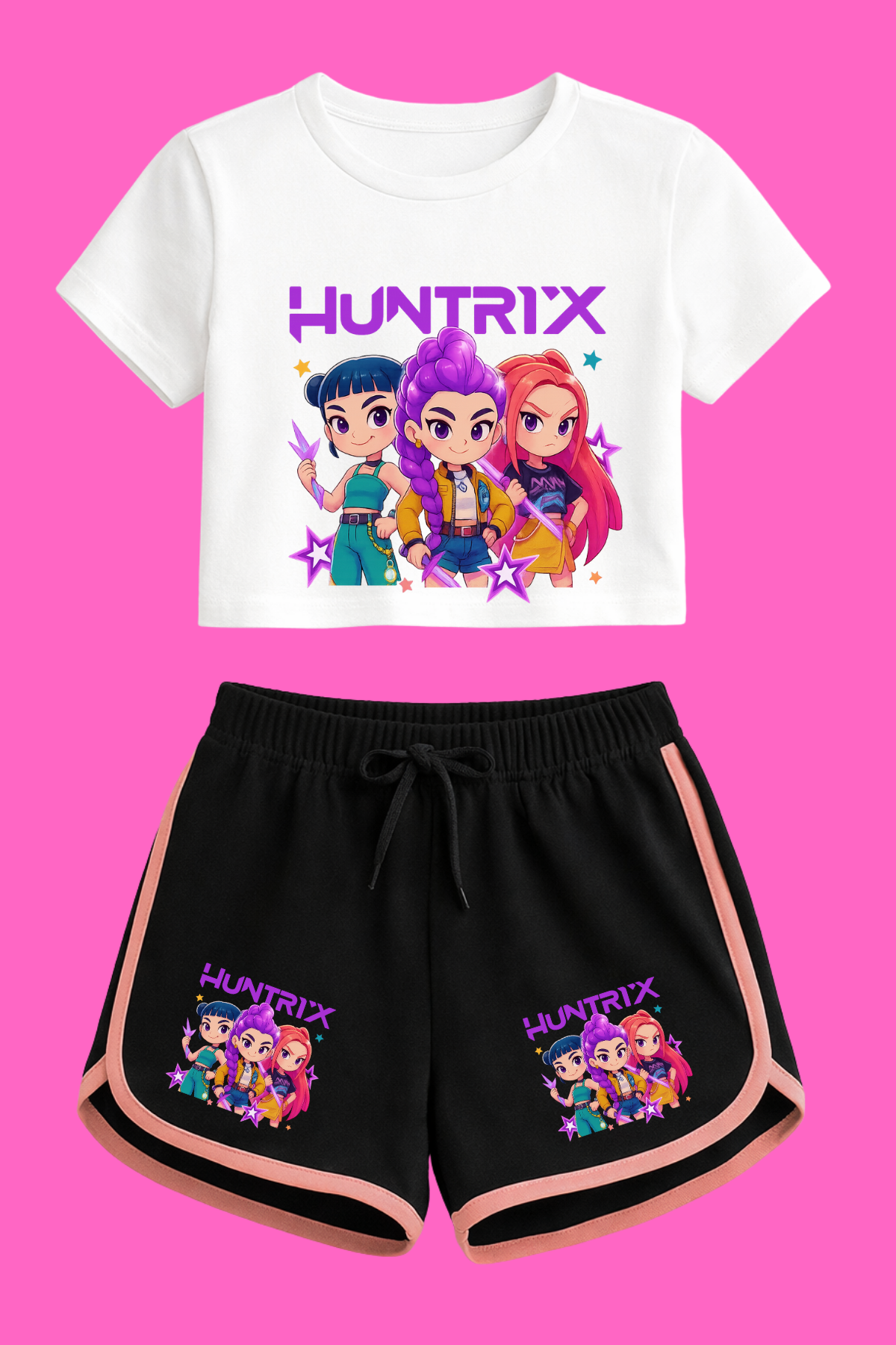 K-Pop Demon Hunter Huntirx Çizim Beyaz Crop-Şort Takım 