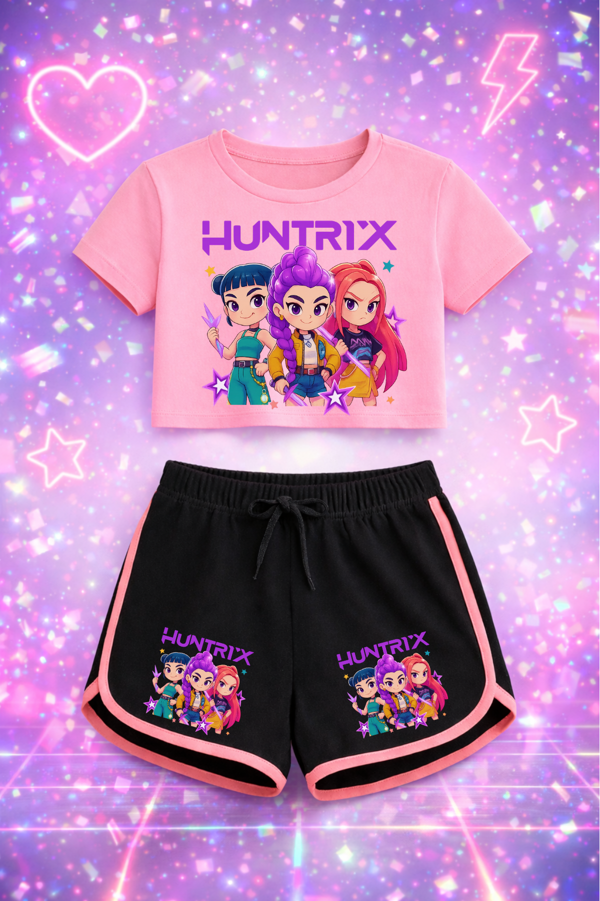 K-Pop Demon Hunter Huntirx Çizim Pembe Crop-Şort Takım 
