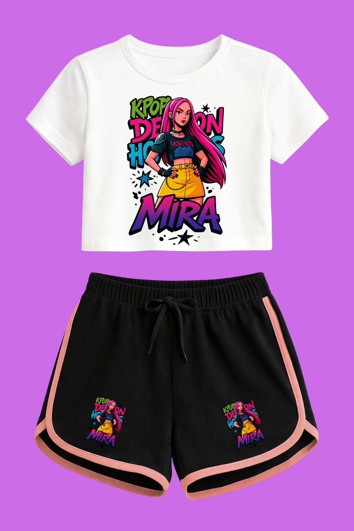 K-Pop Demon Hunter Huntirx Mira Baskılı Beyaz Crop-Şort Takım 