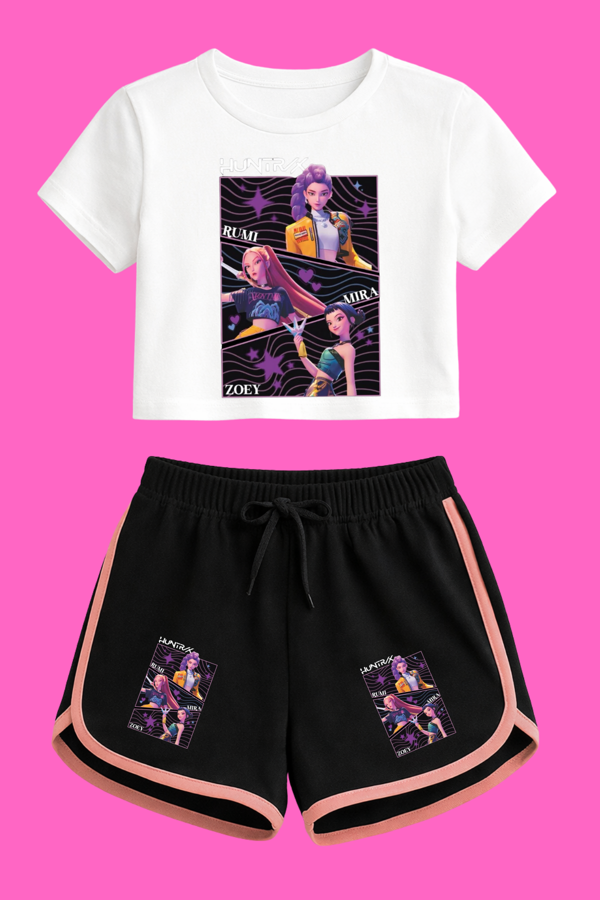 K-Pop Demon Hunter Huntirx Önbaskı Beyaz Crop-Şort Takım 