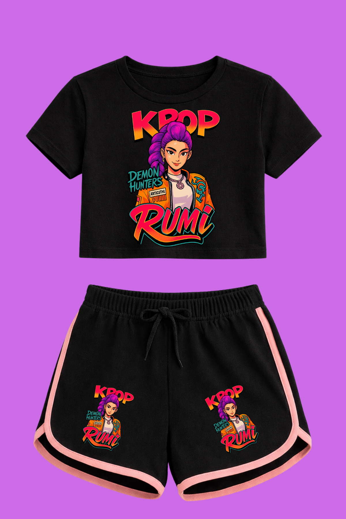K-Pop Demon Hunter Huntirx Rumi Baskılı Siyah Crop-Şort Takım 
