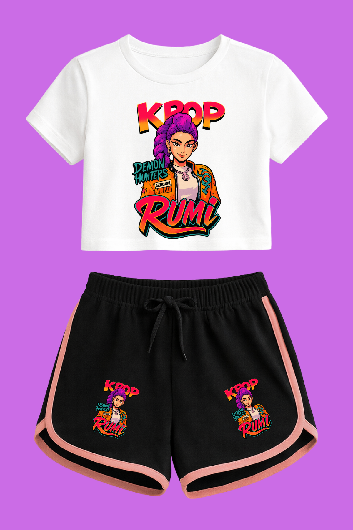 K-Pop Demon Hunter Huntirx Rumi Baskılı Beyaz Crop-Şort Takım 