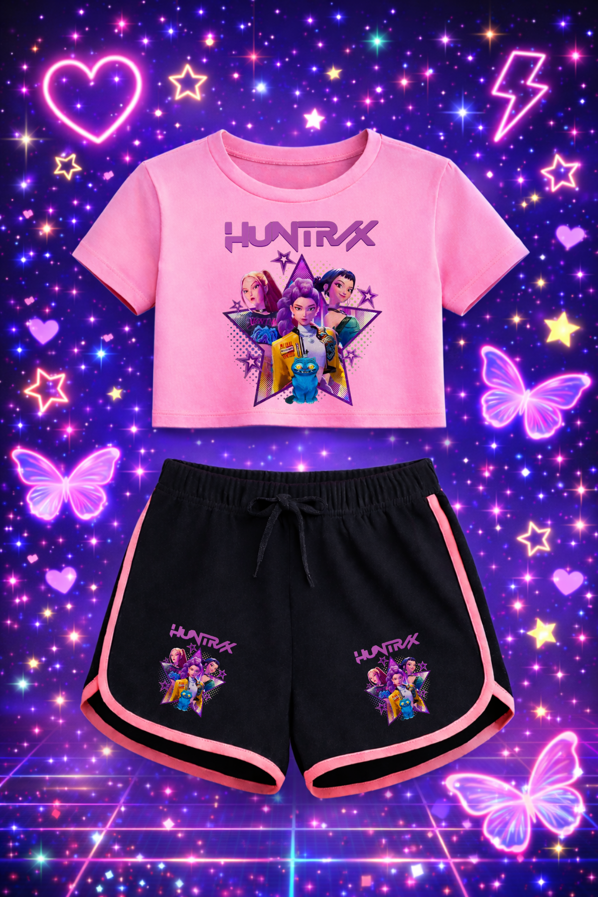 K-Pop Demon Hunter Huntirx Yıldız Baskılı Pembe Crop-Şort Takım 