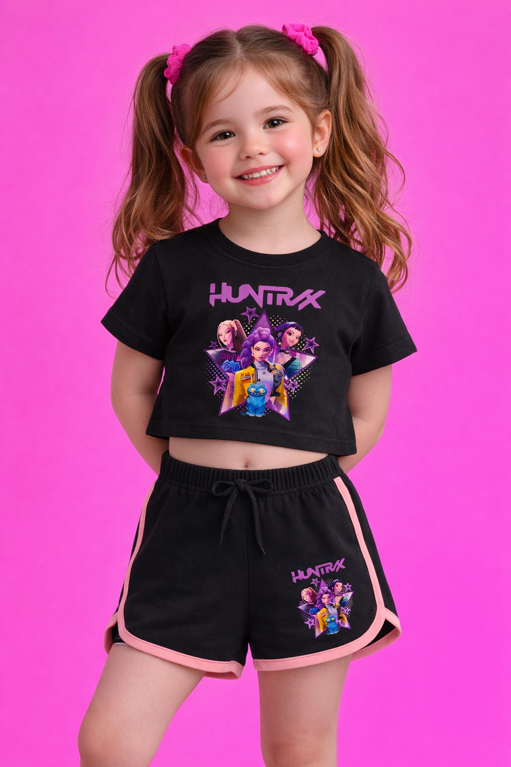 K-Pop Demon Hunter Huntirx Yıldız Baskılı Siyah Crop-Şort Takım 