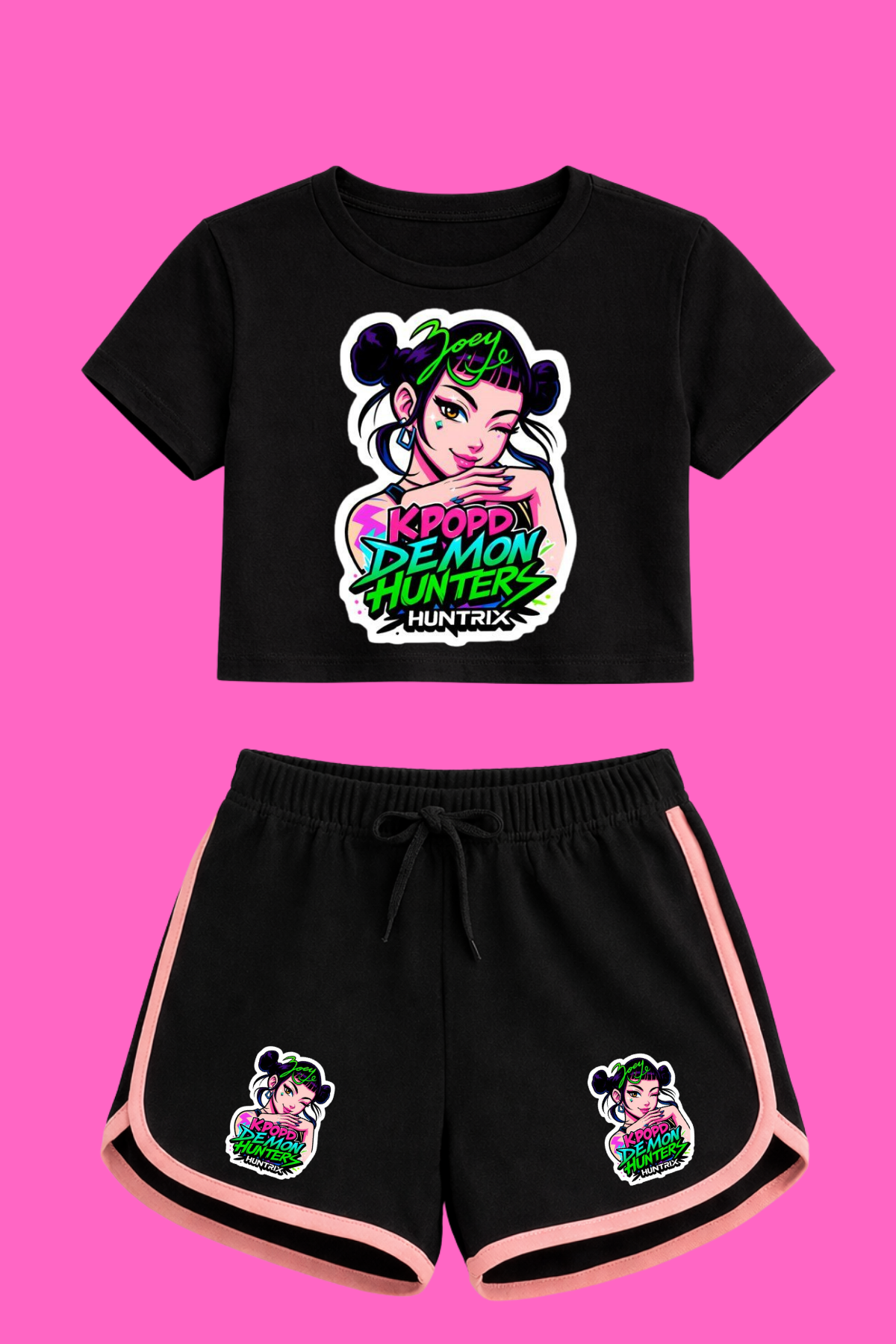 K-Pop Demon Hunter Huntirx Zoey Baskılı Siyah Crop-Şort Takım 