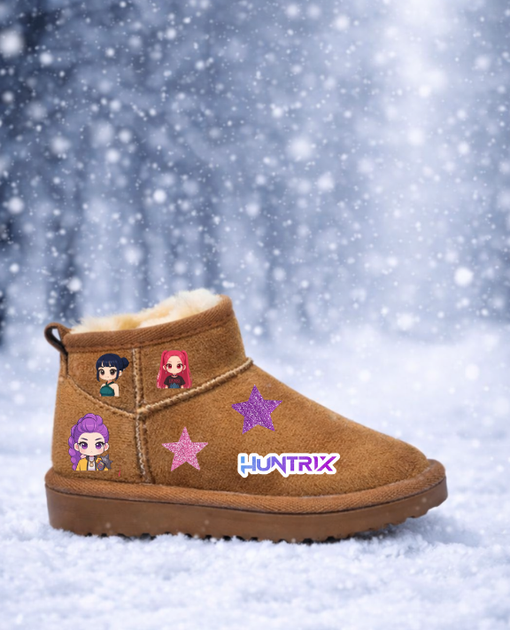 K-Pop Demon Hunter Huntrix 3 Kız Baskılı İçi Kürklü UG Model İnce Taban Çocuk Bot 