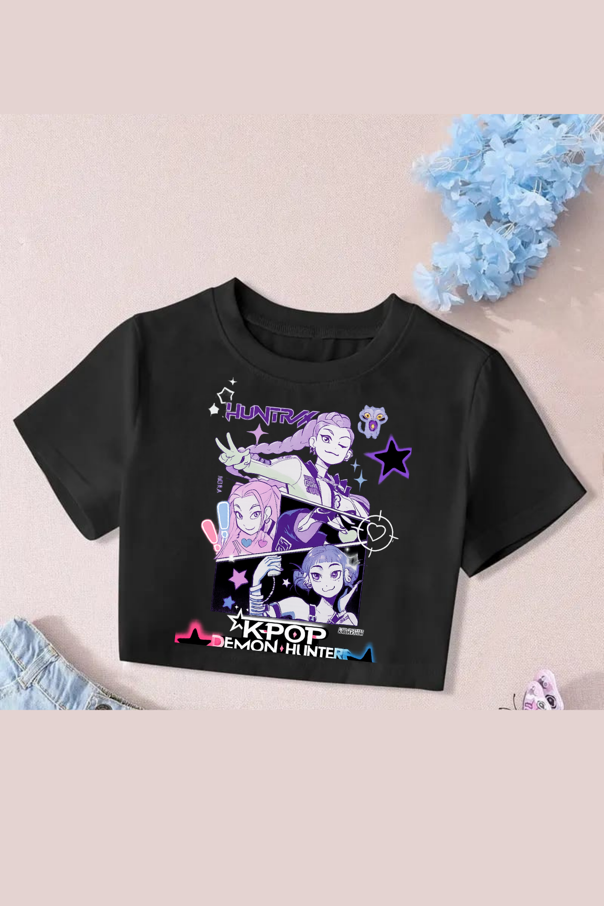 K-Pop Demon Hunter Huntrix Anime Baskılı Siyah Crop Top(dar kalıptır)