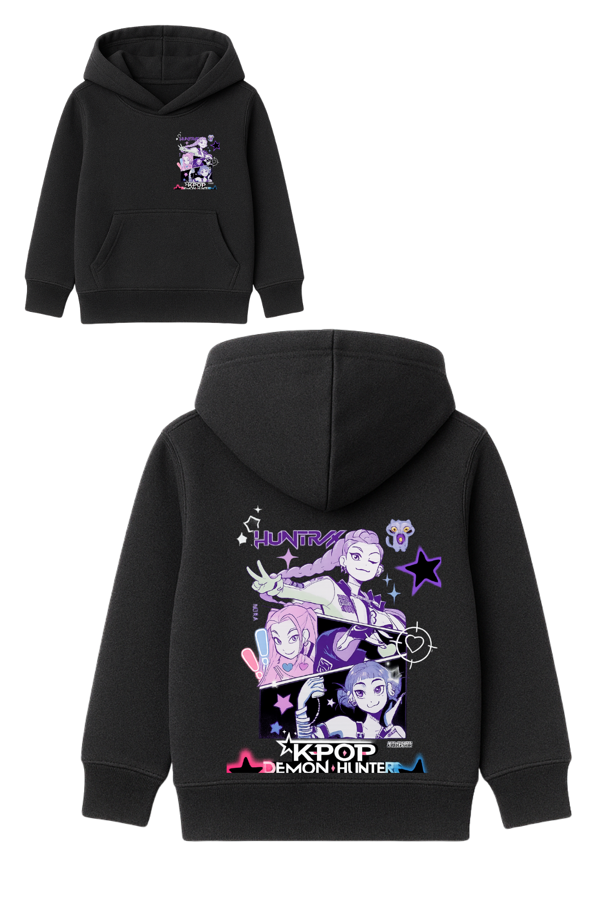 K-Pop Demon Hunter Huntrix Anime Baskılı Siyah Kapüşonlu Sweatshirt 