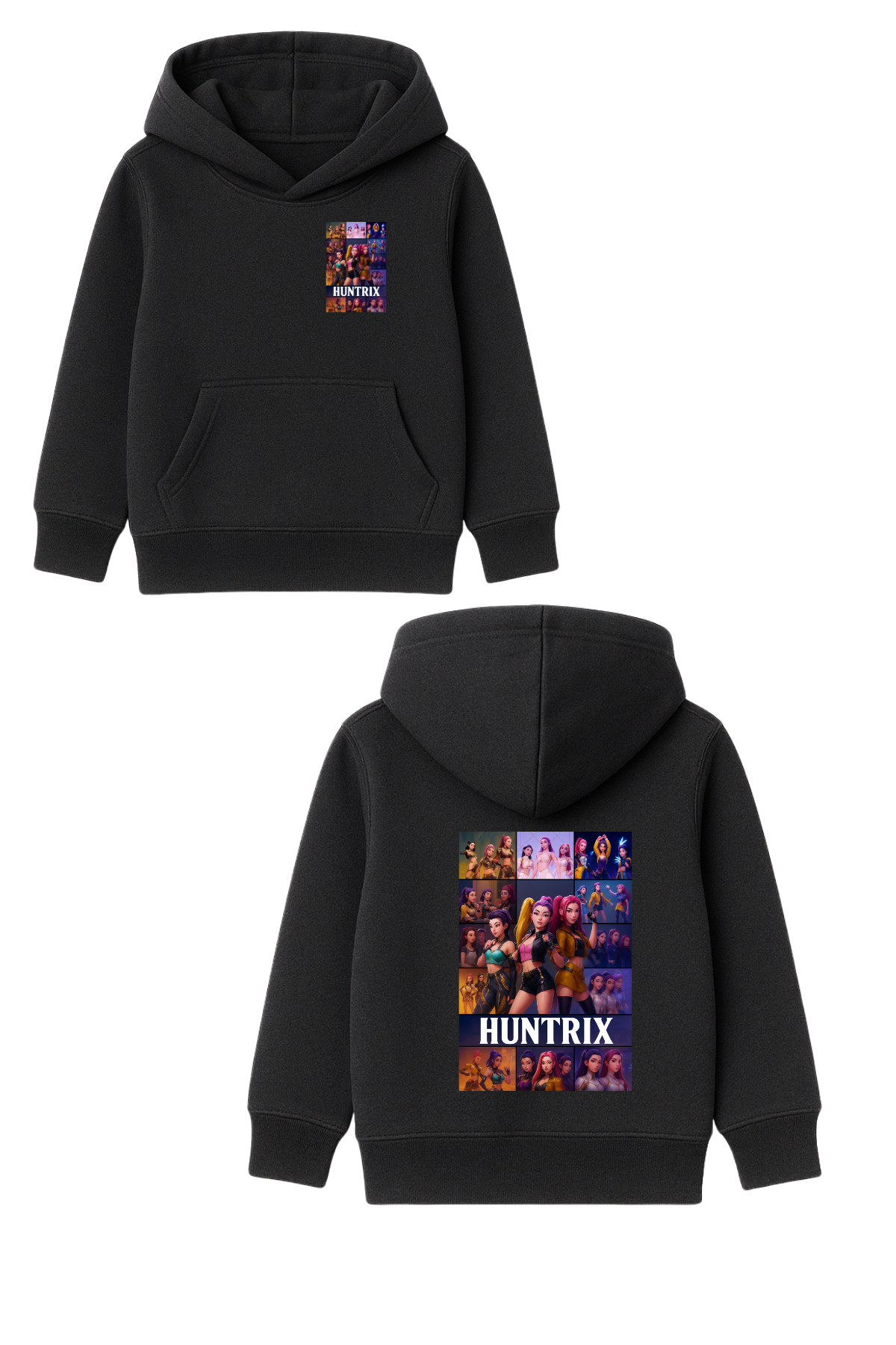 K-Pop Demon Hunter Huntrix Çizim Baskılı Siyah Kapüşonlu Sweatshirt 