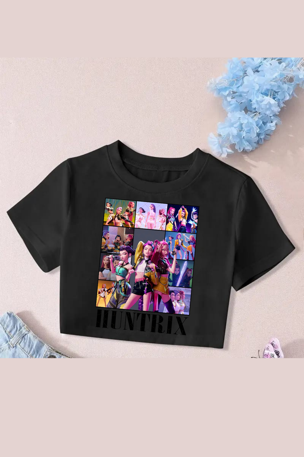 K-Pop Demon Hunter Huntrix Foto Baskılı Siyah Crop Top(dar kalıptır)