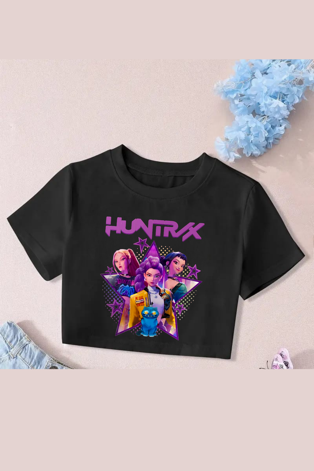 K-Pop Demon Hunter Huntrix Yıldız Baskılı Siyah Crop Top(dar kalıptır)