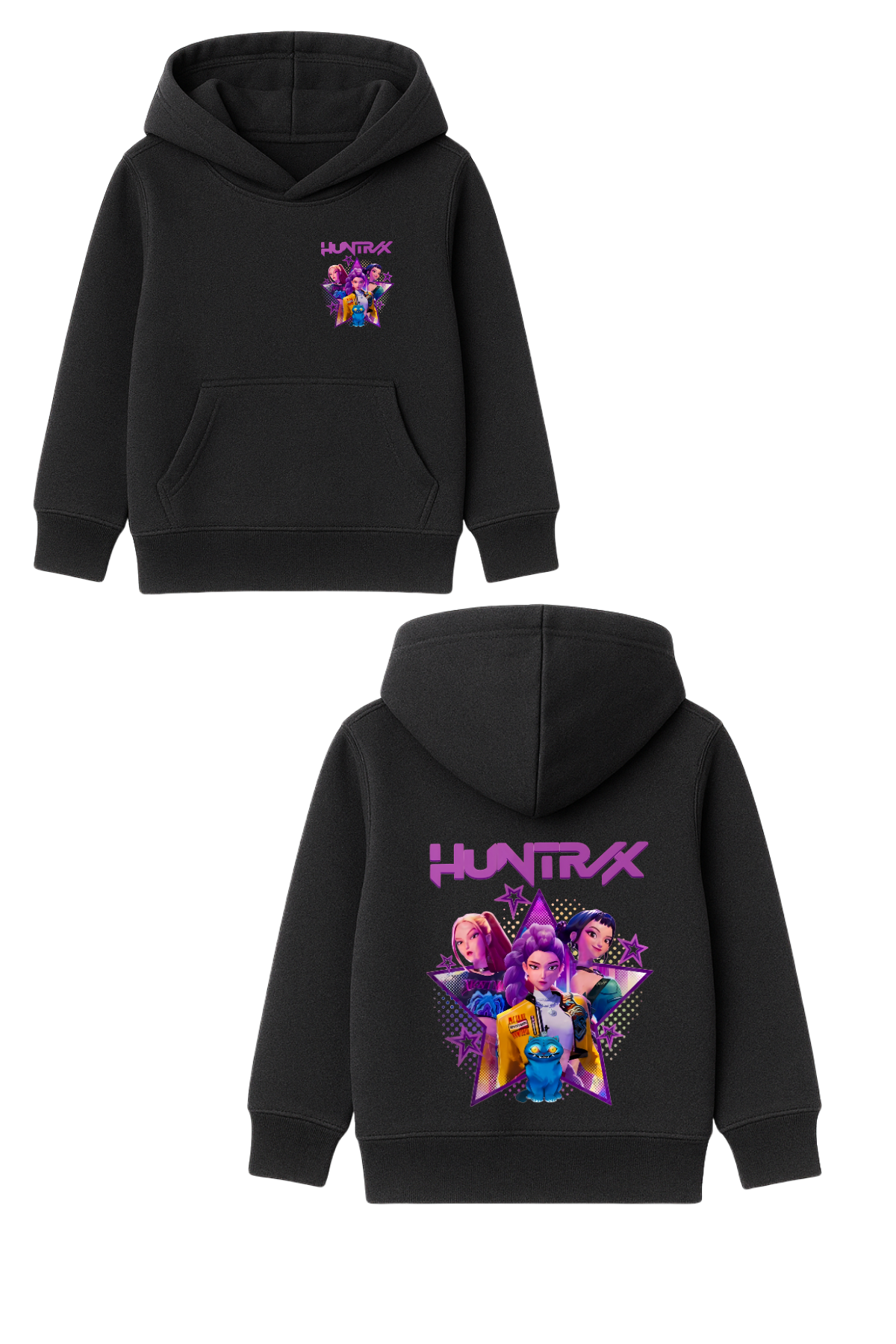 K-Pop Demon Hunter Huntrix Yıldız Baskılı Siyah Kapüşonlu Sweatshirt 