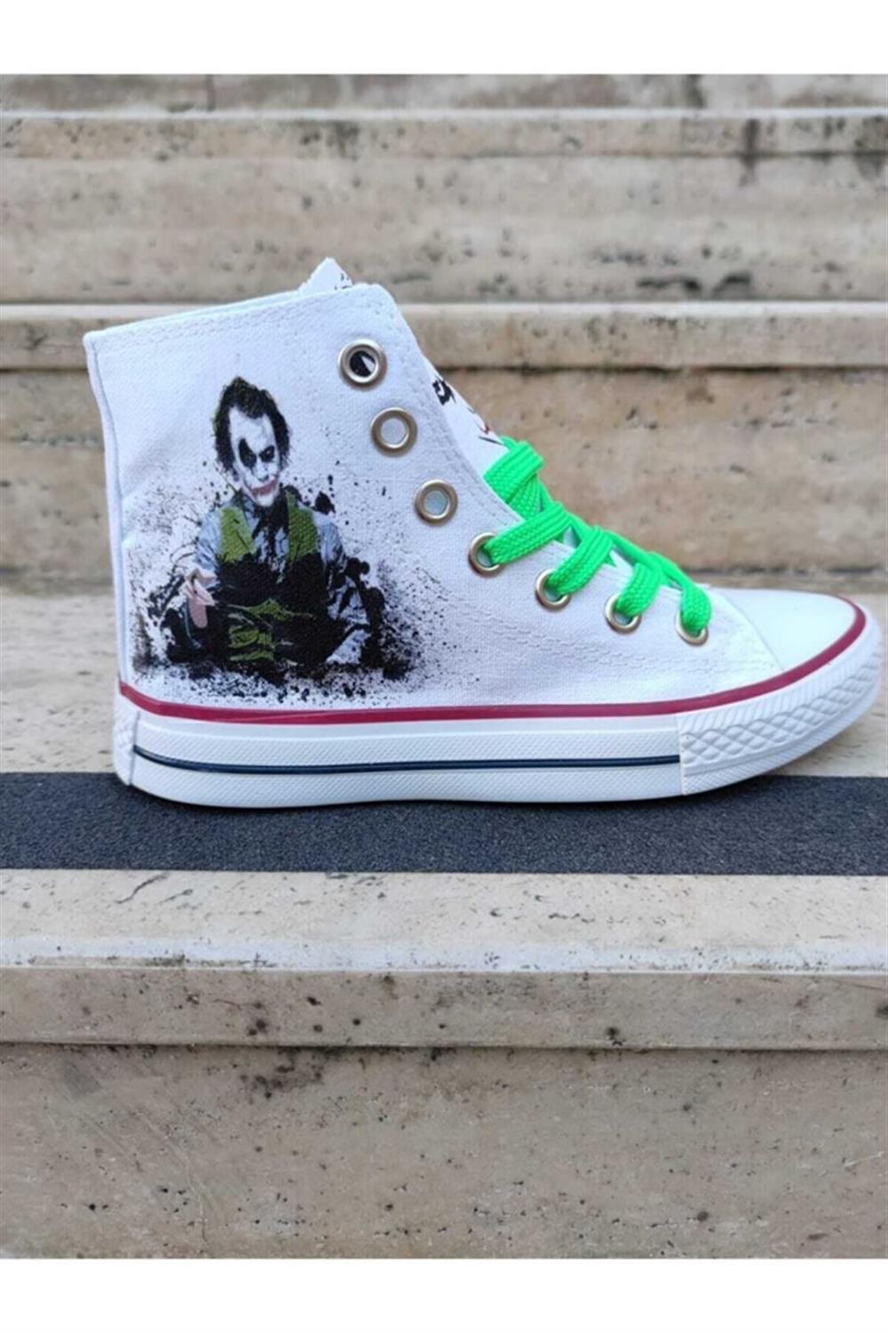 Kadın Erkek Beyaz Sneaker Joker Baskılı Bağcıklı Günlük Sneakers Spor Ayakkabı