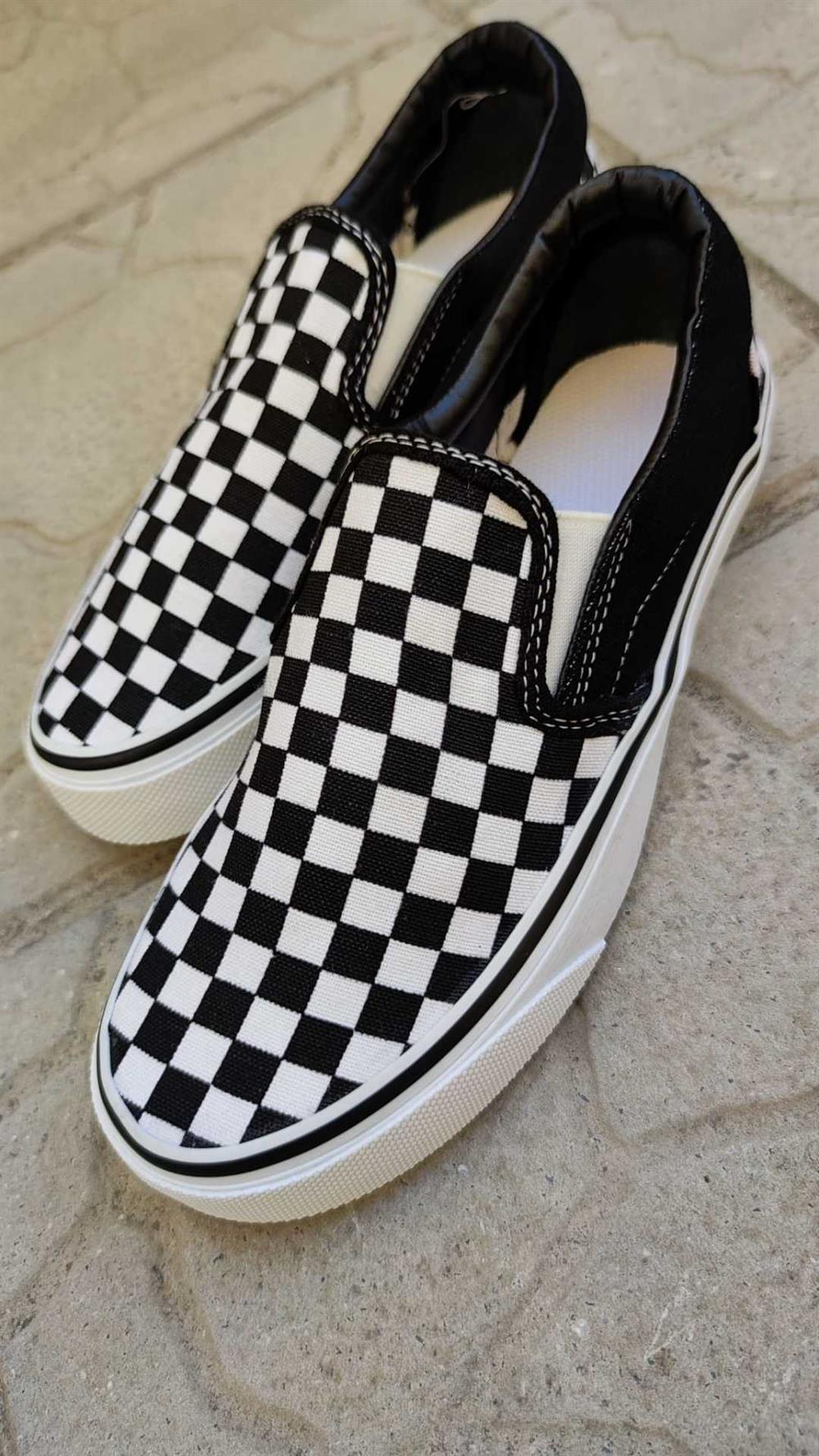 Kadın Erkek Siyah Beyaz Kareli Vans Modeli Bağcıksız Lastikli Spor Ayakkabı Sneaker