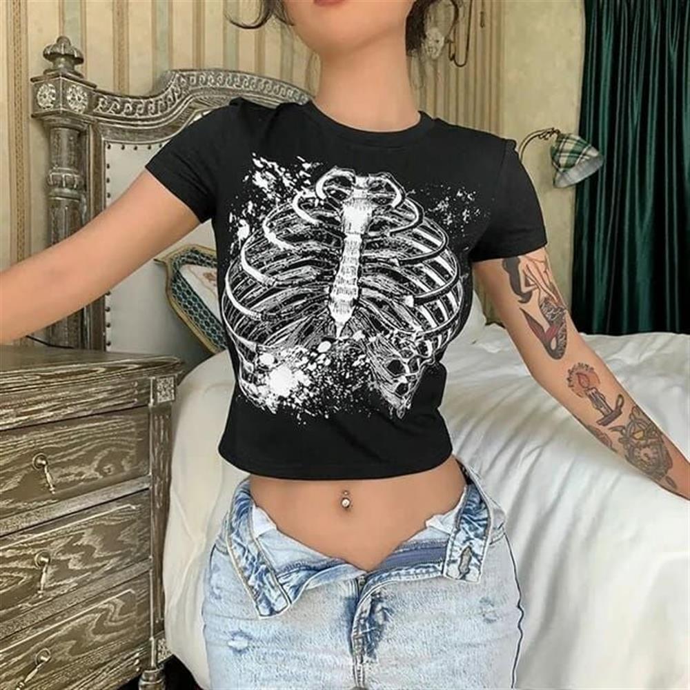 Kadın İskelet Baskılı Siyah Crop