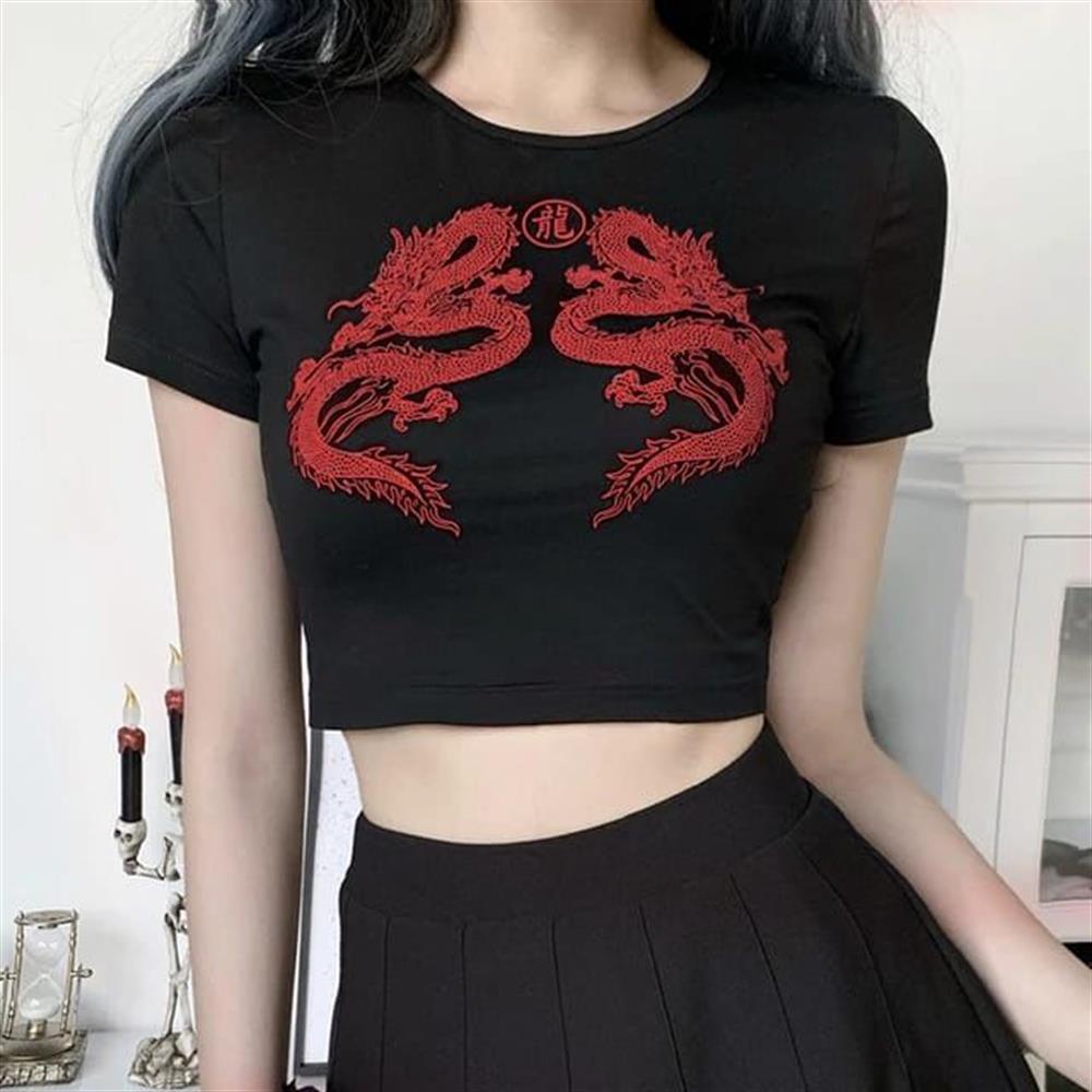 Kadın Vintage Gotik Kırmızı Ejderha Baskılı Crop