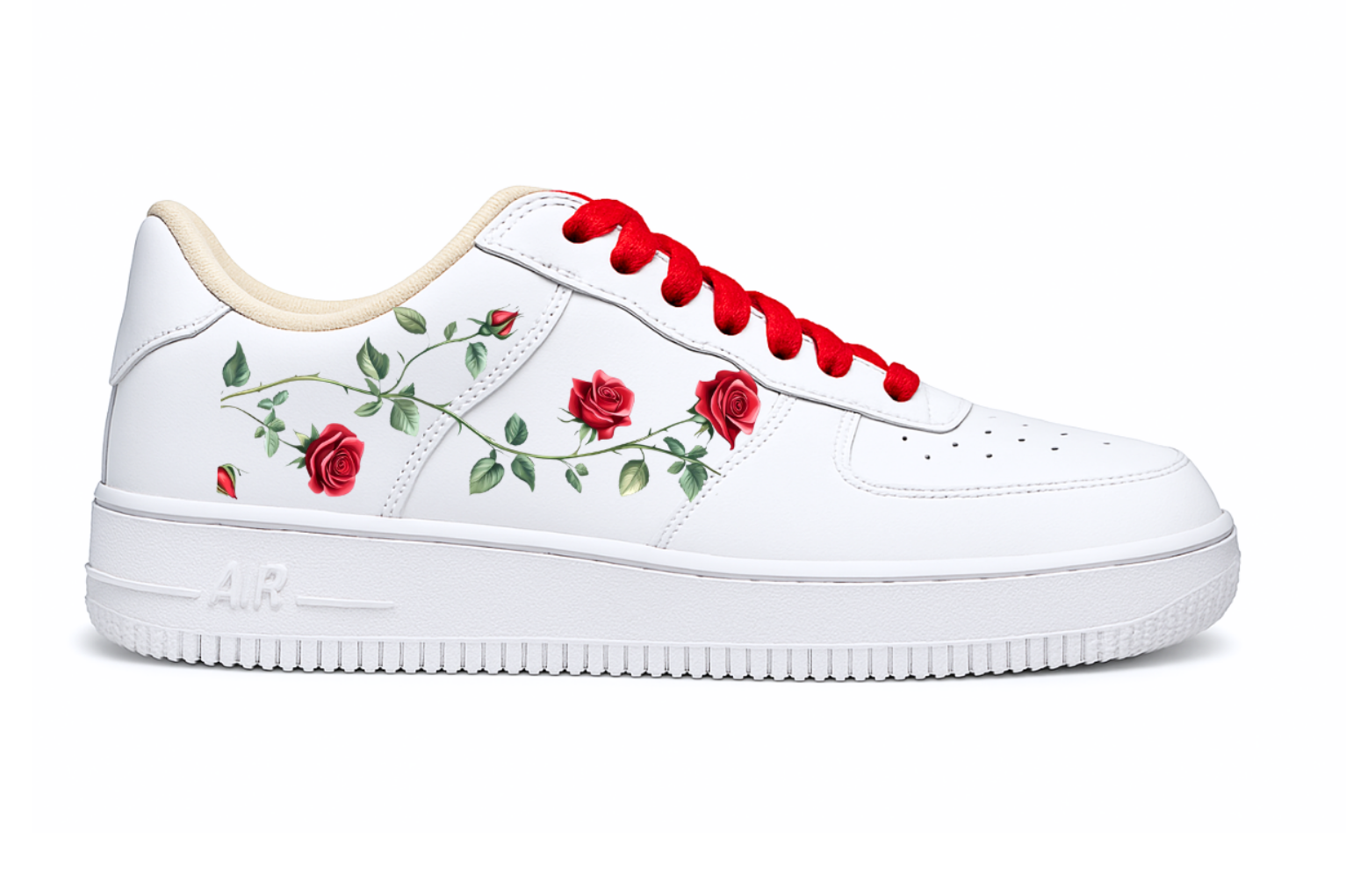 Kırmızı Gül Baskılı Beyaz Air Force Model Unisex Sneaker Spor Ayakkabı 