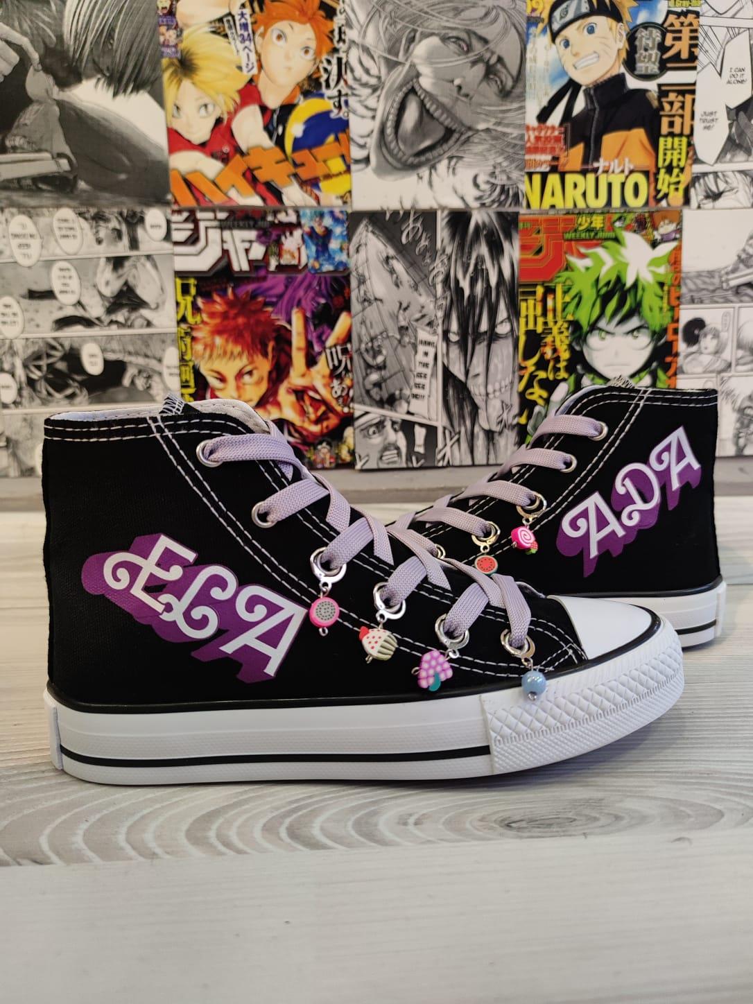 Kişiye Özel İsim Yazılabilir Siyah Renk Bilekli Yazıları Lila Boncuklu Ayakkabı 