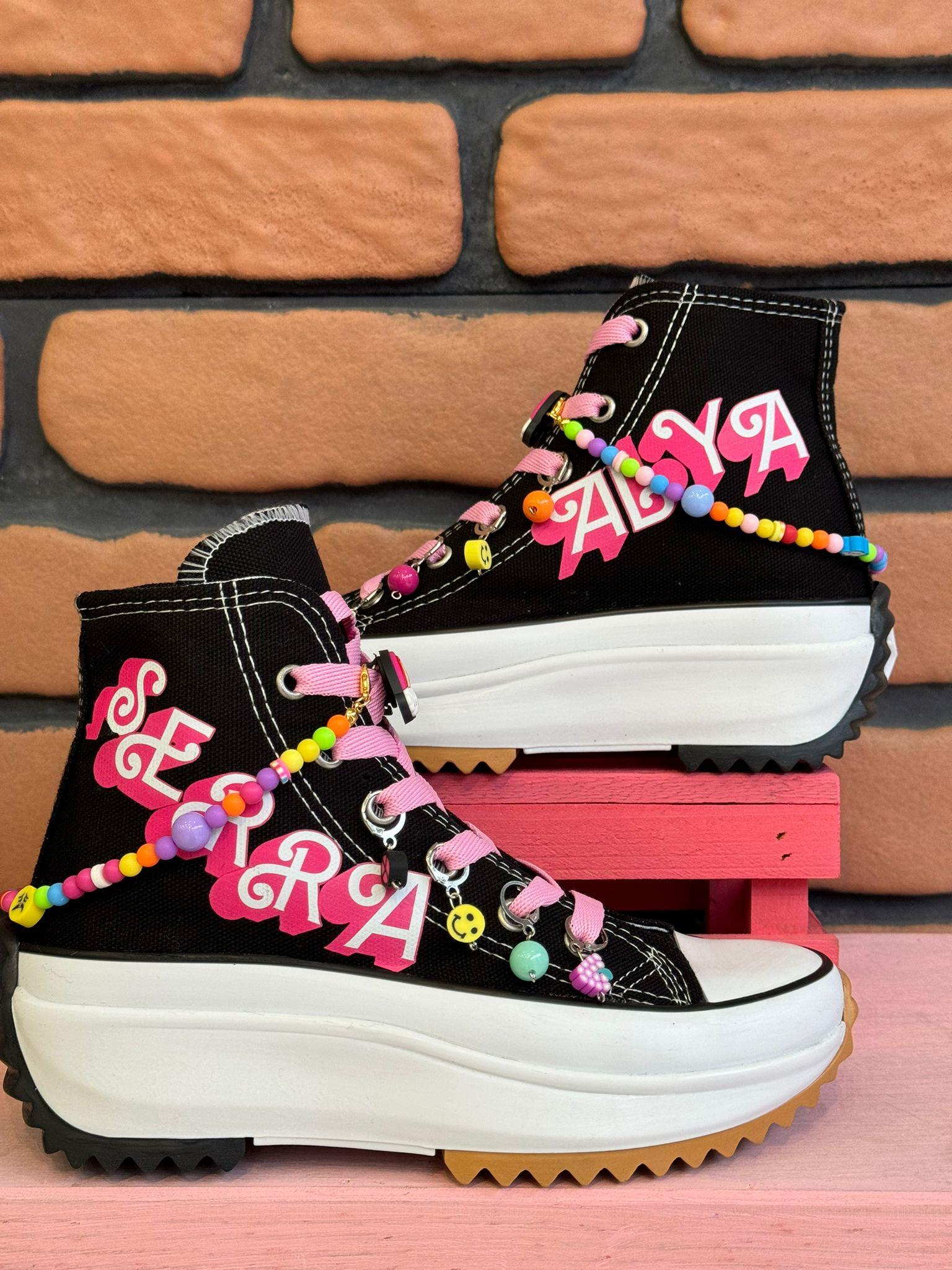 Kişiye Özel İsim Yazılı Boncuklu Ve Halhallı Siyah Spor Ayakkabı Sneaker