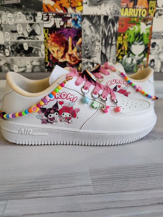 Kuromi Balon Baskılı Boncuk Ve Halhallıı Beyaz Deri Yüzey  Spor Ayakkabı Sneaker 