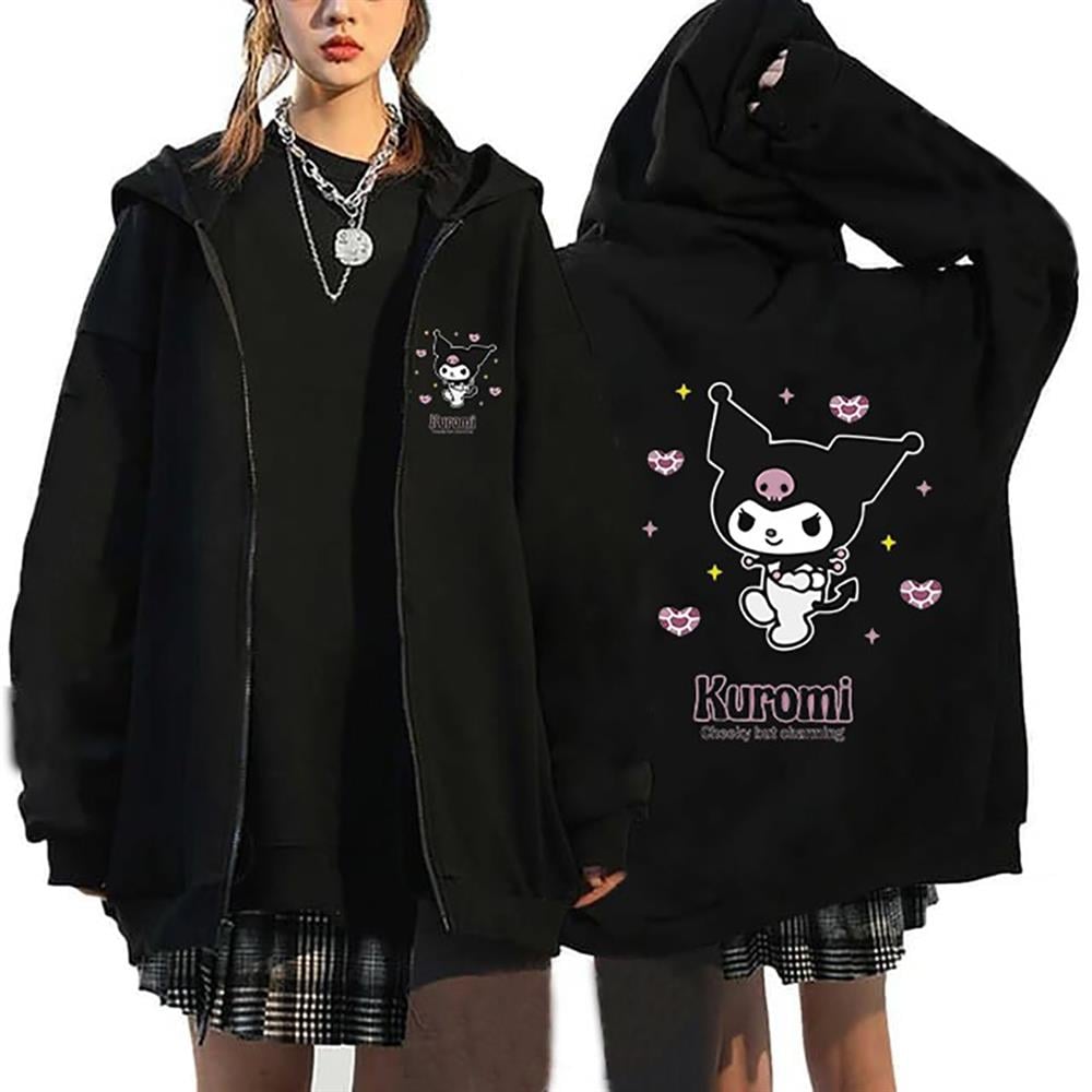 Kuromi Cheeky Baskılı Siyah Fermuarlı Hırka Sweatshirt