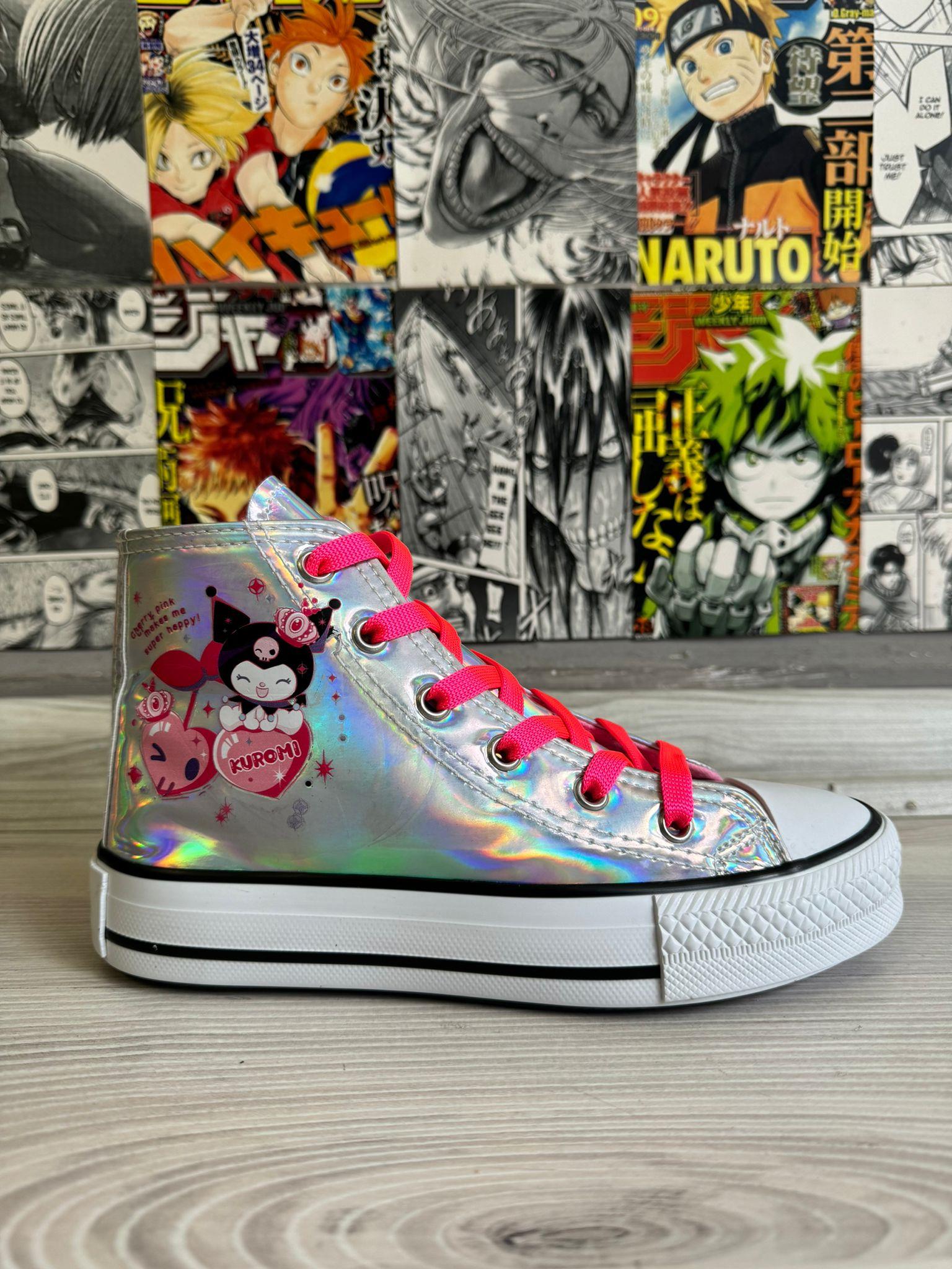 Kuromi Cherry Boom Baskılı Hologram Bilekli Fermuarlı Kaydırmaz Taban Ayakkabı Sneaker
